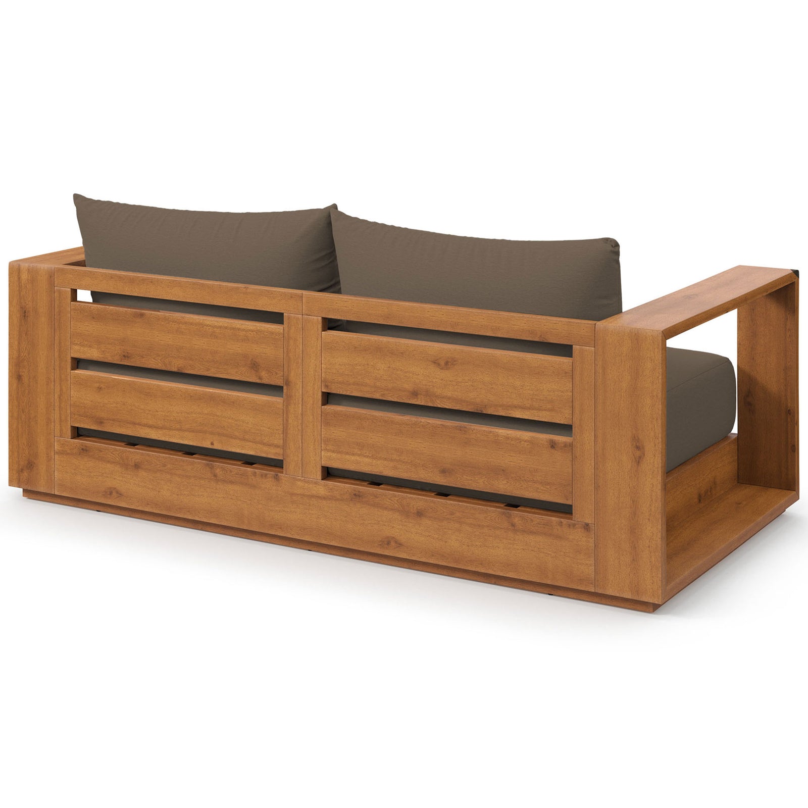 Natural acacia loveseat with horizontal slatted backrest and cocoa cushions for breezy outdoor seating || EEI-6783-NAT-COA || back_angle_studio