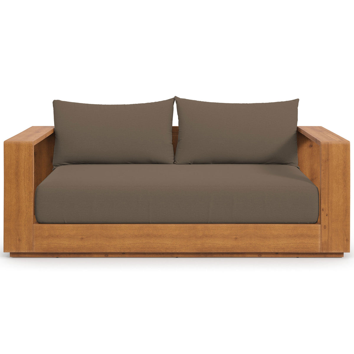 Tahoe acacia wood patio loveseat with boxy frame and plush cocoa cushions for two || EEI-6783-NAT-COA || front_studio