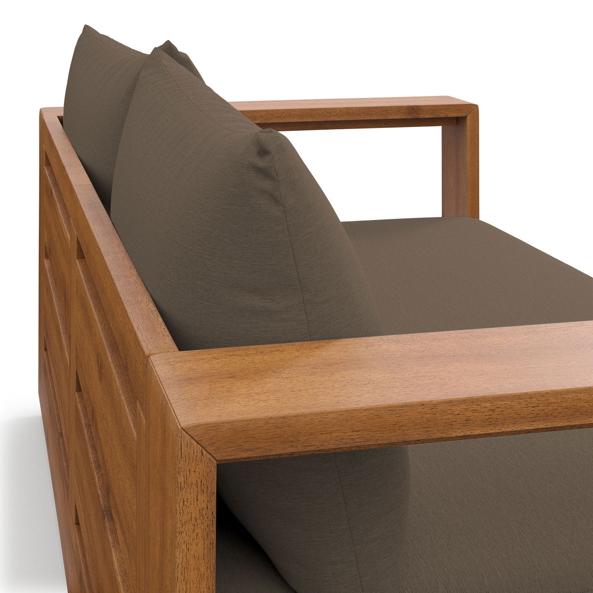 Smooth acacia armrests and tailored cocoa cushions add clean-lined comfort to this outdoor loveseat || EEI-6783-NAT-COA || detail_studio