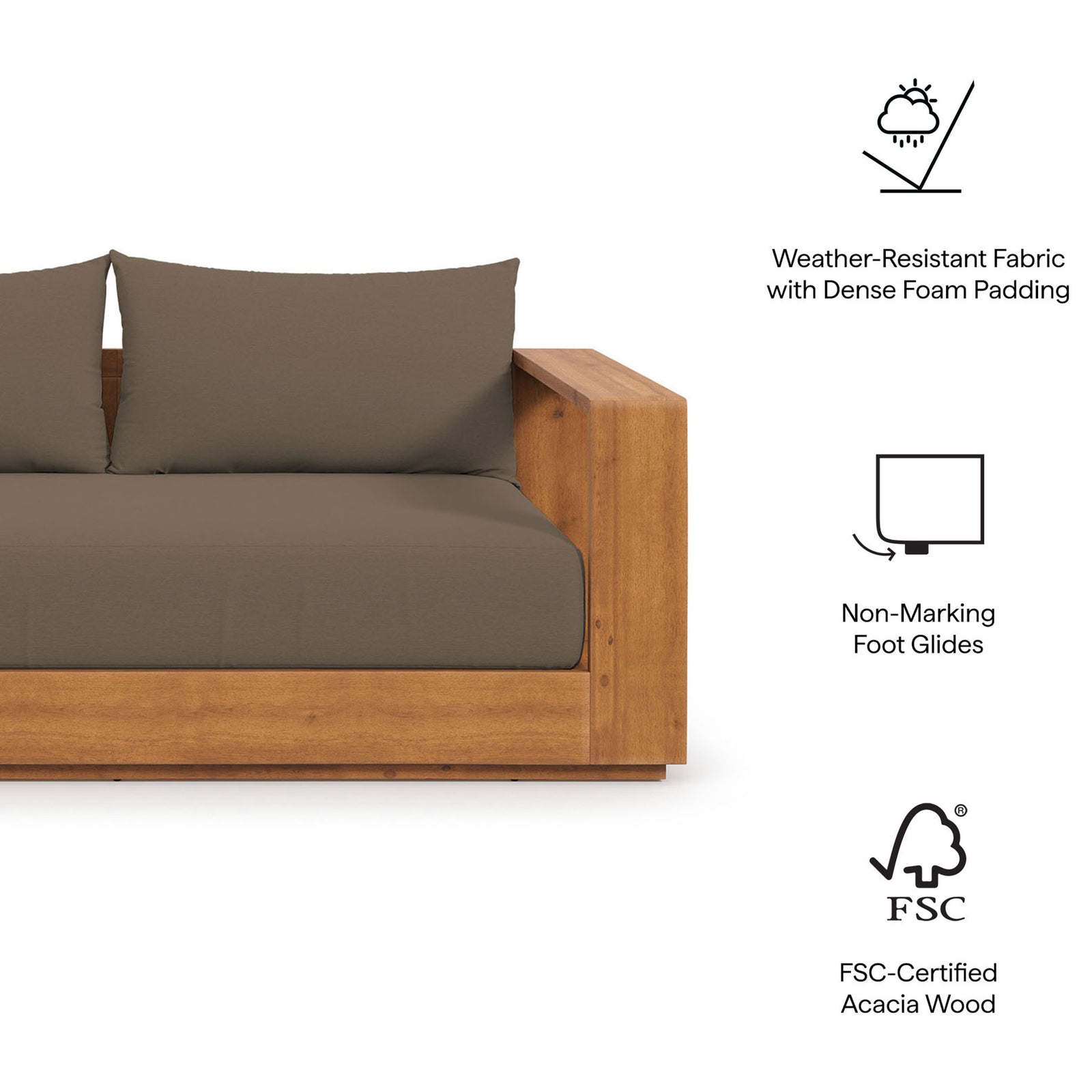 Icons highlighting weather-resistant cushions, non-marking foot glides, and FSC-certified acacia wood construction || EEI-6783-NAT-COA || callout_studio