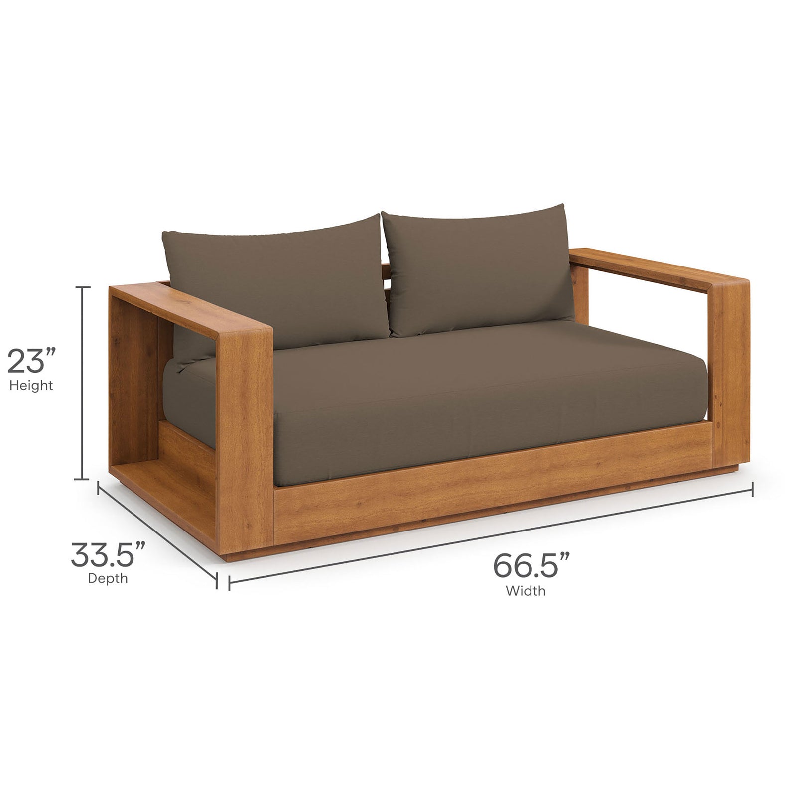 Tahoe acacia wood outdoor loveseat with labeled width, depth, and height dimensions in inches || EEI-6783-NAT-COA || dimension_studio