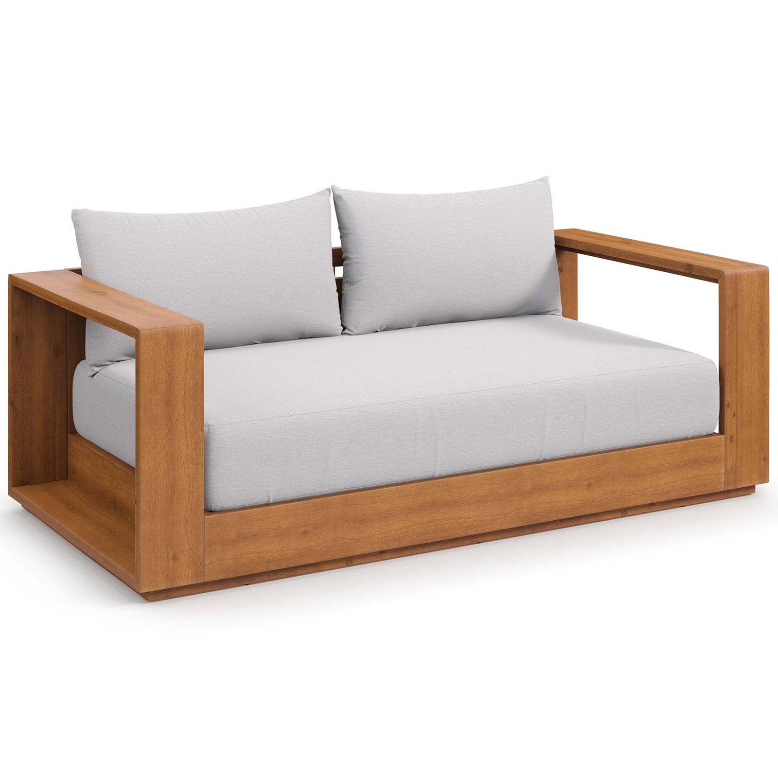 Modern acacia outdoor loveseat with wide open arms, low platform base, and deep light gray seat cushions || EEI-6783-NAT-LGR || front_angle_studio