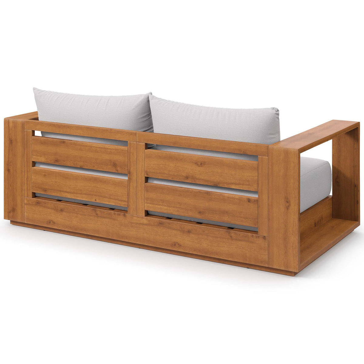 Natural acacia loveseat with horizontal slatted backrest and light gray cushions for breezy outdoor seating || EEI-6783-NAT-LGR || back_angle_studio