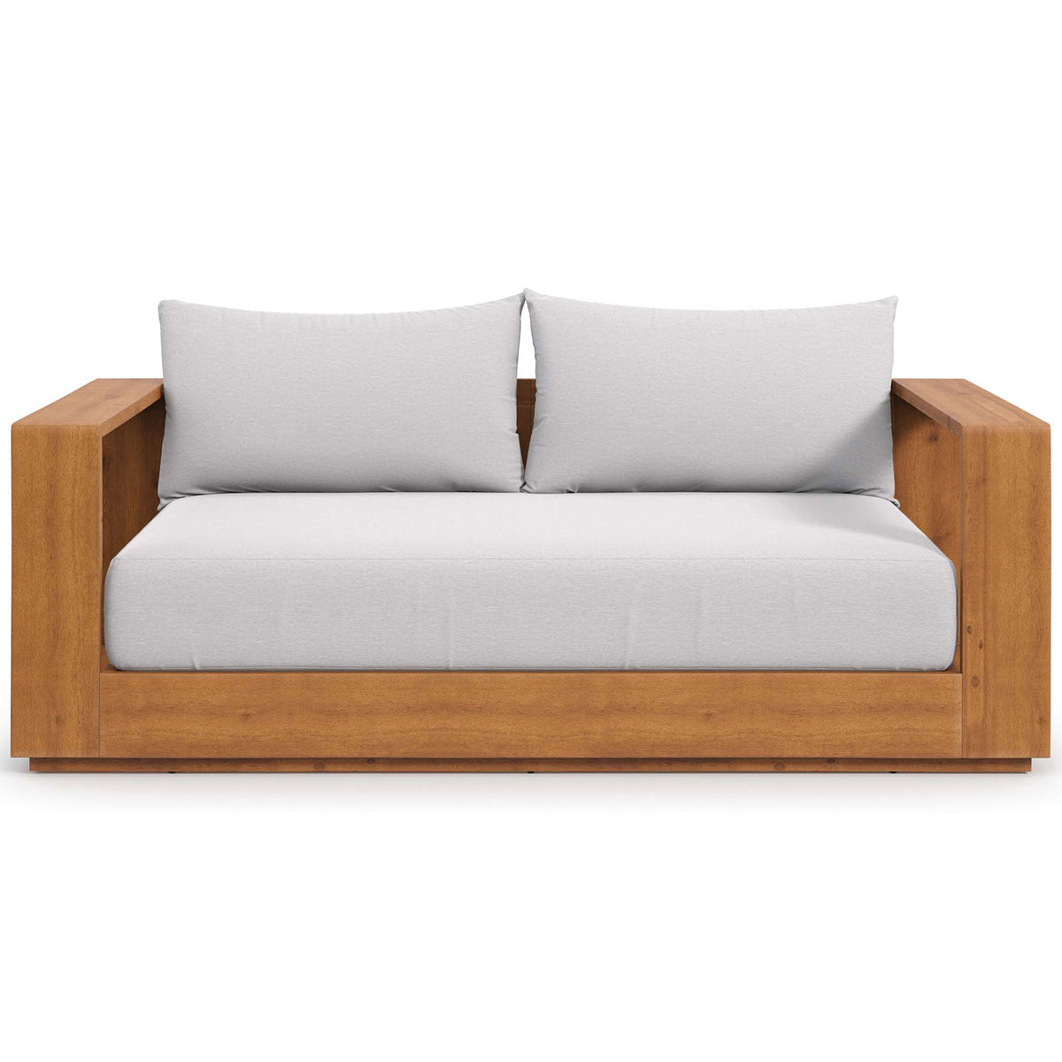 Tahoe acacia wood patio loveseat with boxy frame and plush light gray cushions for two || EEI-6783-NAT-LGR || front_studio