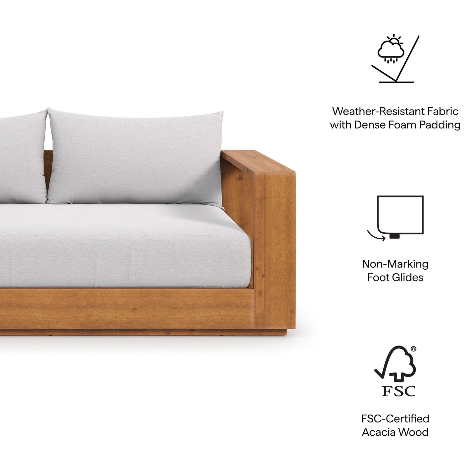 Feature icons showcase weather-resistant cushions, non-marking foot glides, and FSC-certified acacia wood frame || EEI-6783-NAT-LGR || callout_studio