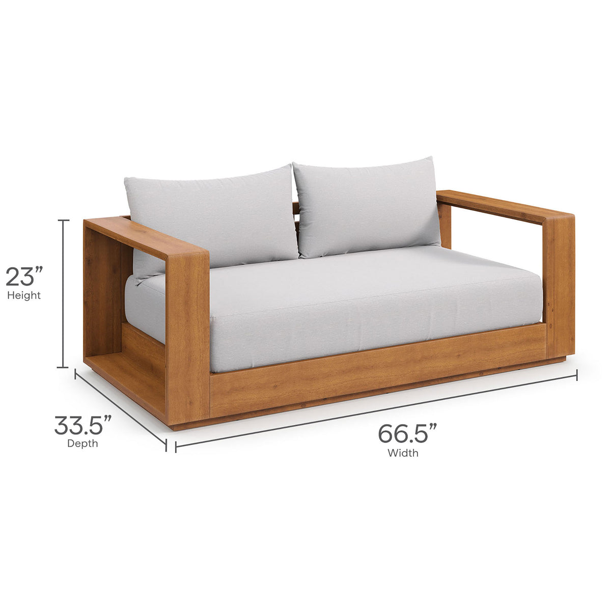 Tahoe acacia wood outdoor loveseat with width, depth, and height dimensions clearly labeled in inches || EEI-6783-NAT-LGR || dimension_studio