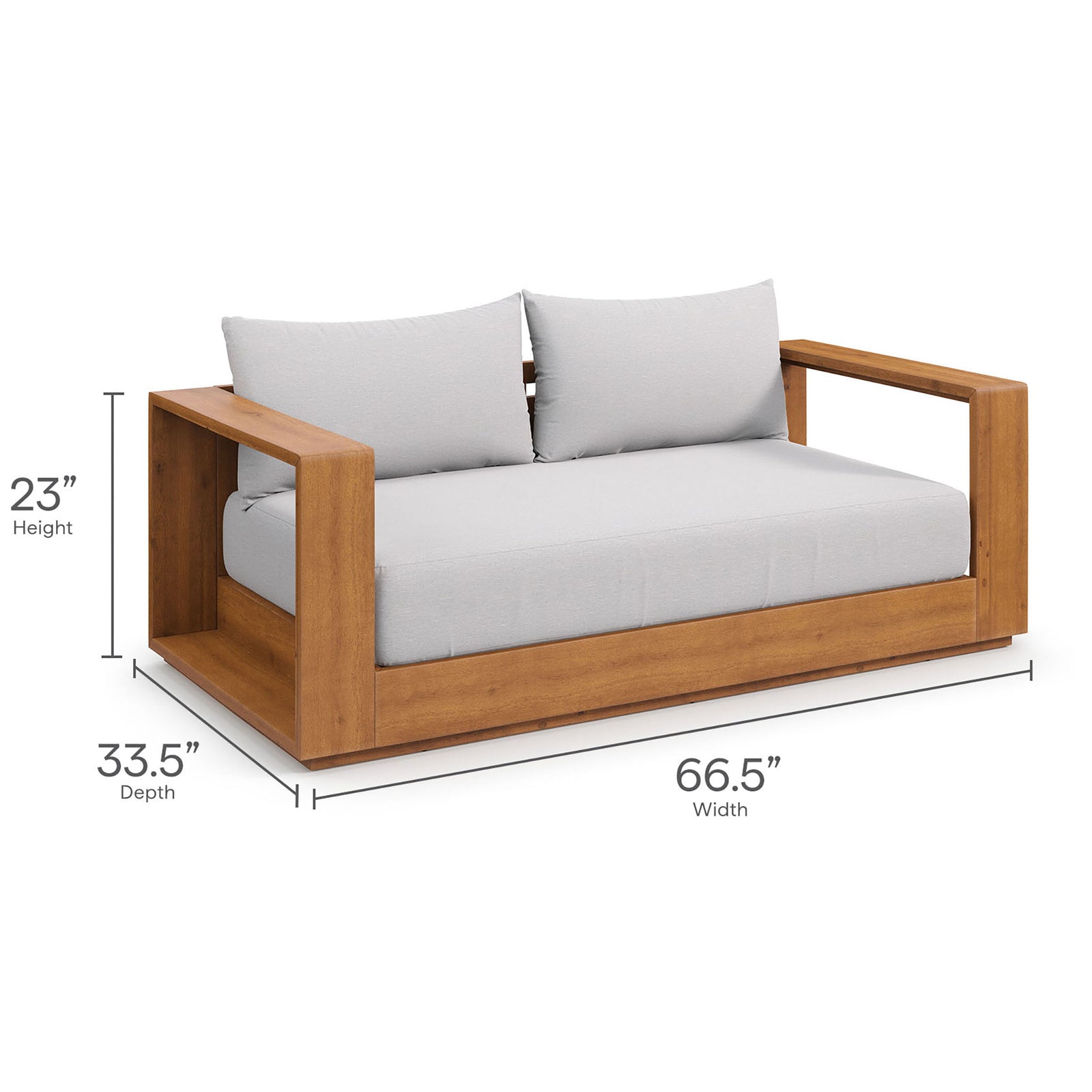 Tahoe acacia wood outdoor loveseat with width, depth, and height dimensions clearly labeled in inches || EEI-6783-NAT-LGR || dimension_studio