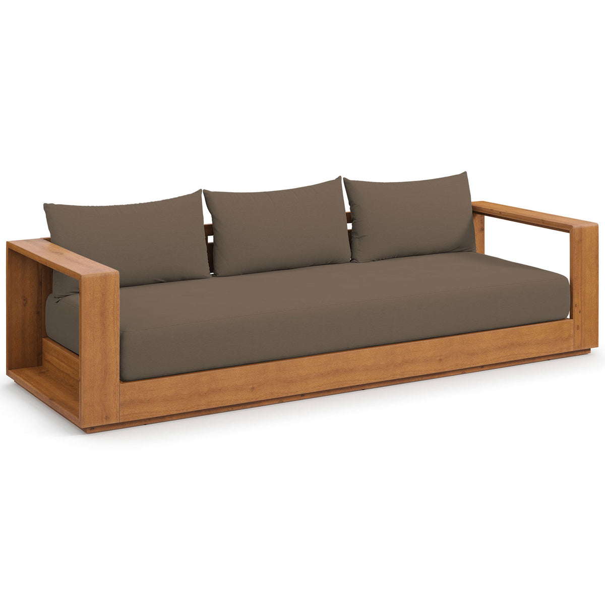 Generous three-seat Tahoe sofa with deep cocoa cushions on a natural acacia wood base. || EEI-6784-NAT-COA || front_angle_studio