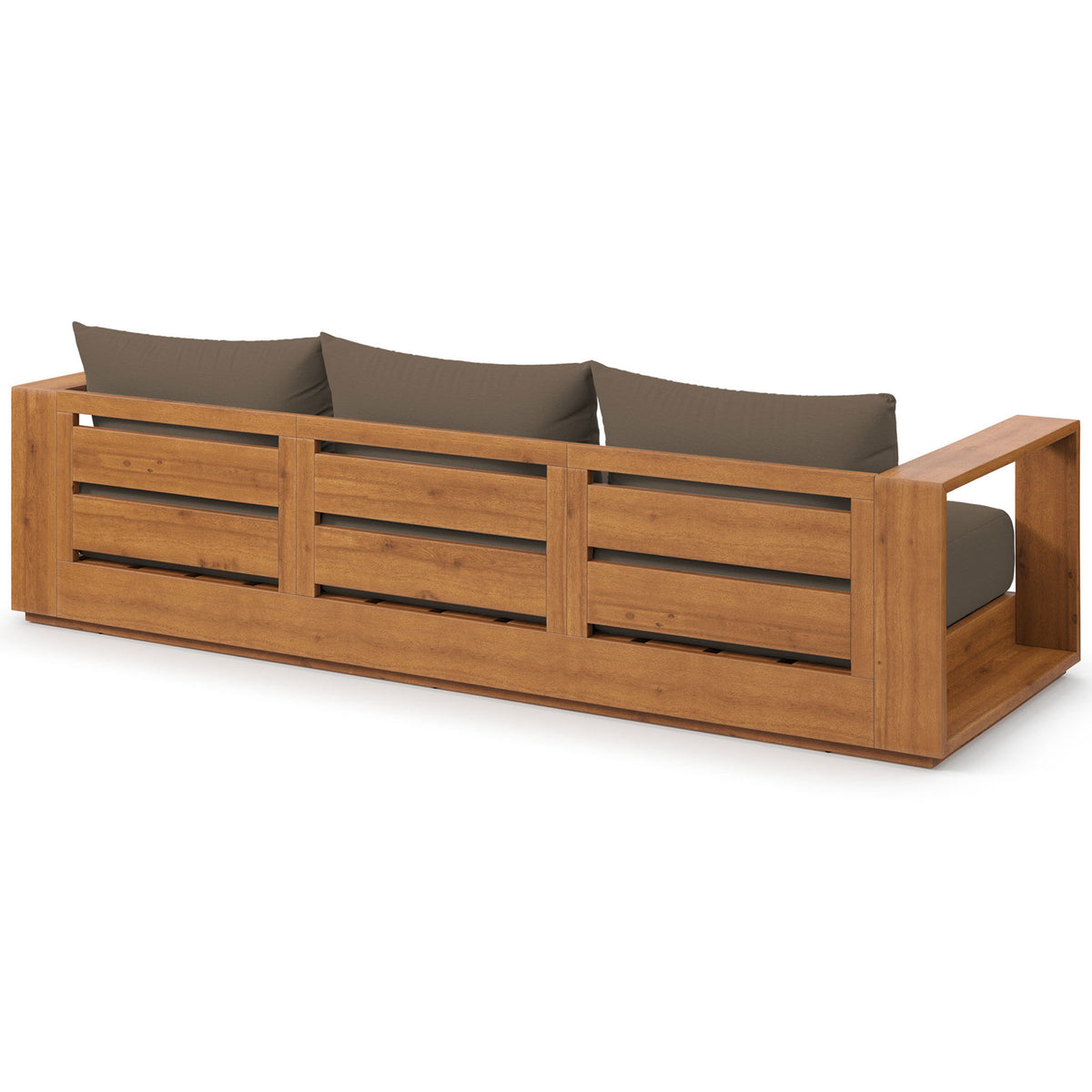 Slatted acacia backrest and clean lines define this Tahoe outdoor sofa with cocoa cushions. || EEI-6784-NAT-COA || back_angle_studio