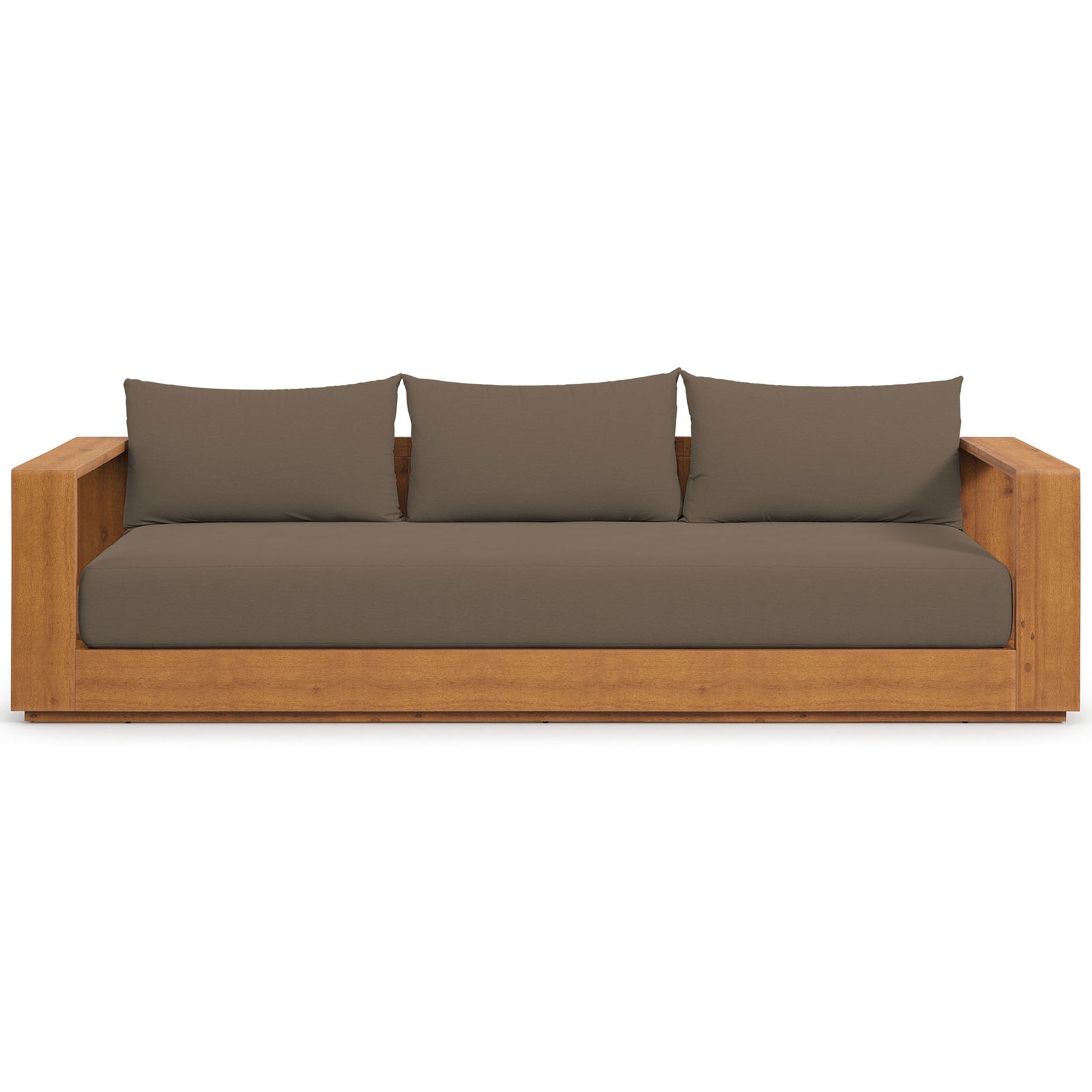 Tahoe outdoor sofa in natural acacia wood with cocoa cushions and wide modern arms. || EEI-6784-NAT-COA || front_studio
