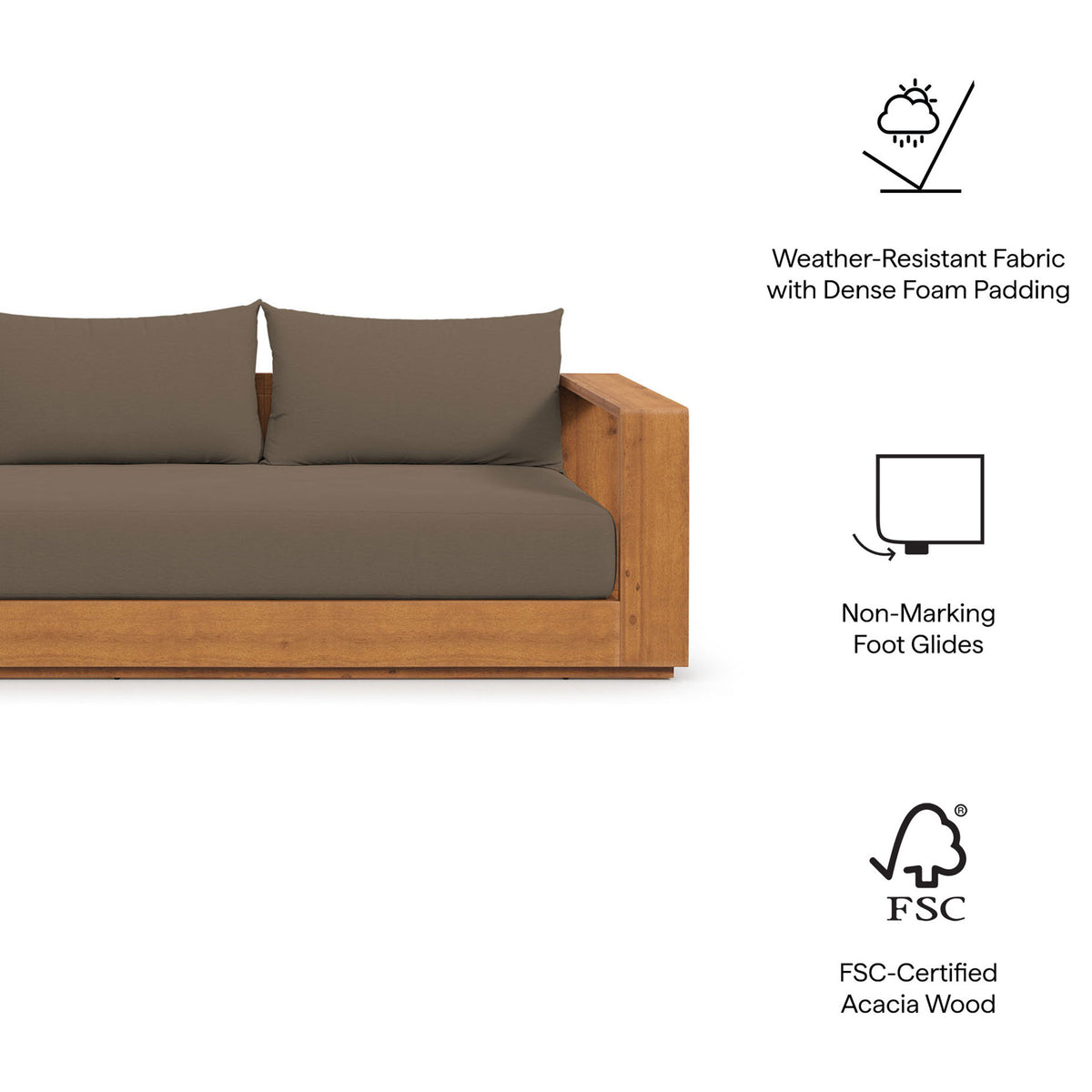Feature highlights of the Tahoe sofa, including weather-resistant cushions and FSC-certified acacia wood. || EEI-6784-NAT-COA || callout_studio