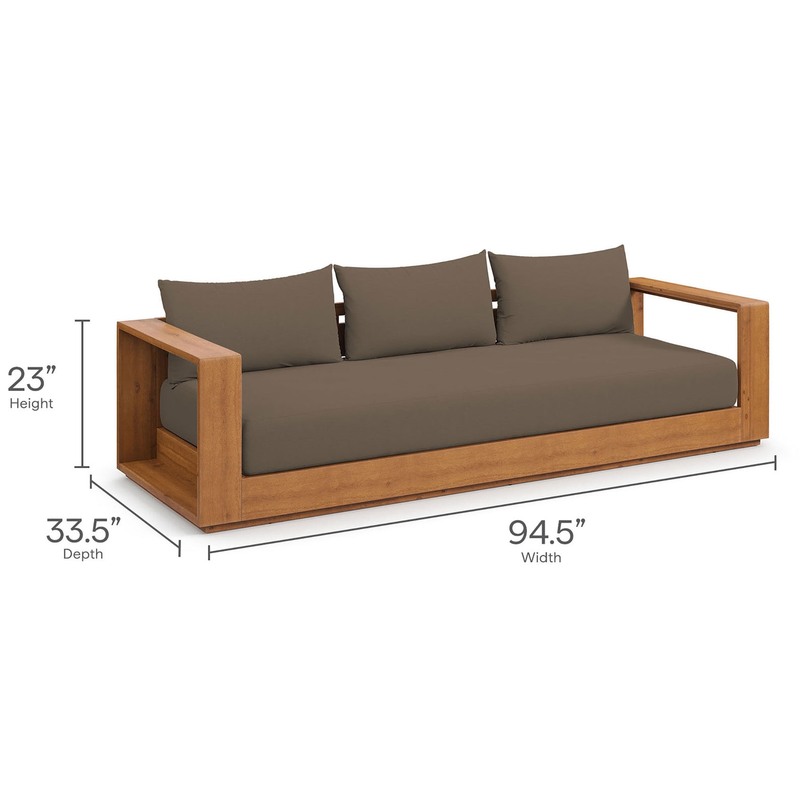 Dimension diagram of the Tahoe outdoor sofa with labeled width, depth, and height measurements. || EEI-6784-NAT-COA || dimension_studio