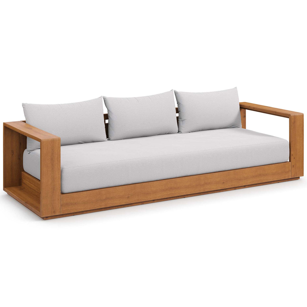 Spacious Tahoe sofa with deep light gray cushions on a warm acacia wood frame. || EEI-6784-NAT-LGR || front_angle_studio
