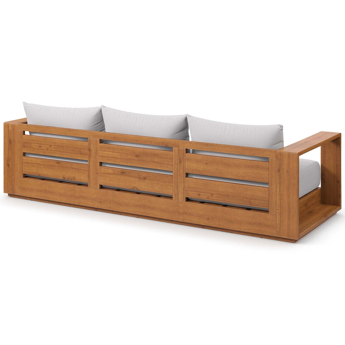 Slatted acacia back design complements the Tahoe sofa's light gray outdoor cushions. || EEI-6784-NAT-LGR || back_angle_studio