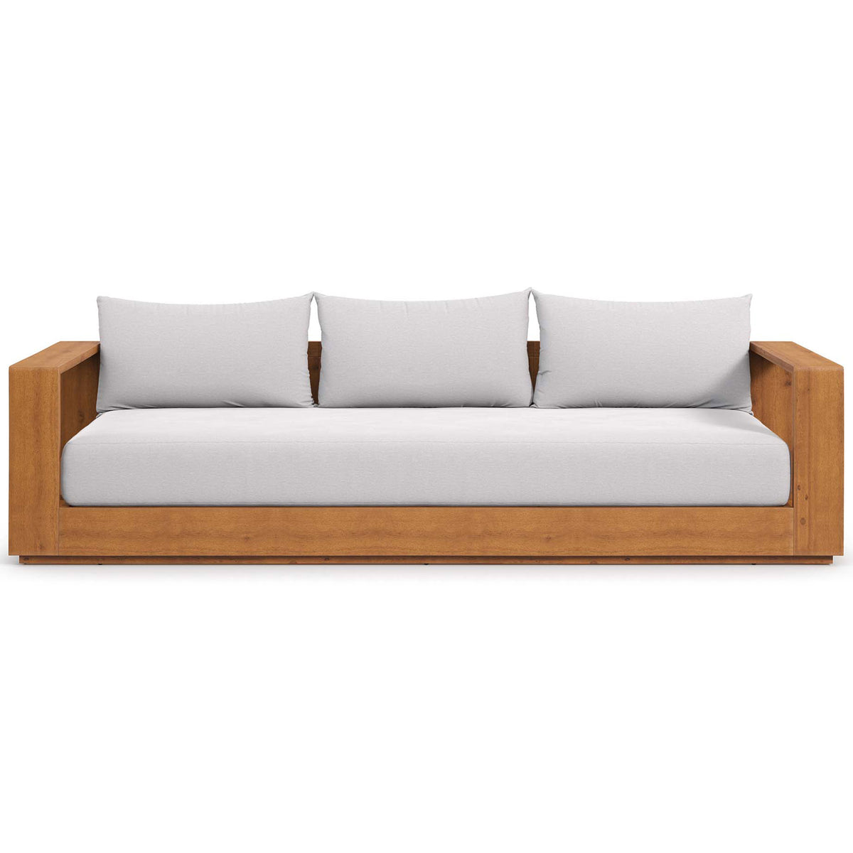 Tahoe outdoor sofa in natural acacia wood with light gray cushions and bold box arms. || EEI-6784-NAT-LGR || front_studio