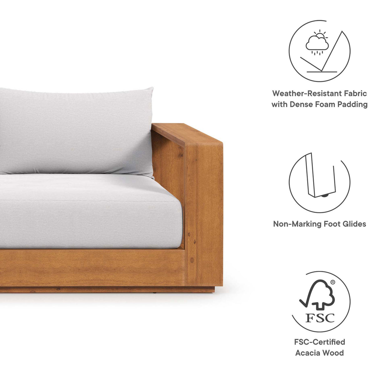 Highlights of the Tahoe sofa, featuring weather-resistant cushions, non-marking feet, and FSC acacia wood. || EEI-6784-NAT-LGR || callout_studio