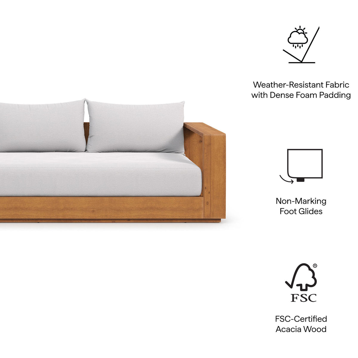 Feature overview of the Tahoe outdoor sofa with durable cushions and sustainable acacia construction. || EEI-6784-NAT-LGR || callout_studio