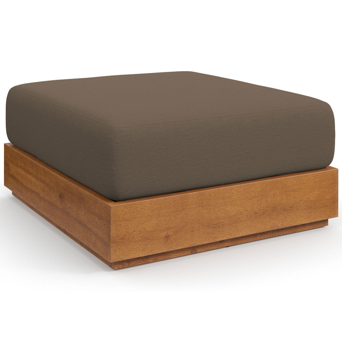 Acacia wood outdoor ottoman showcasing wide plank base and deep cocoa cushioned top || EEI-6785-NAT-COA || front_angle_studio