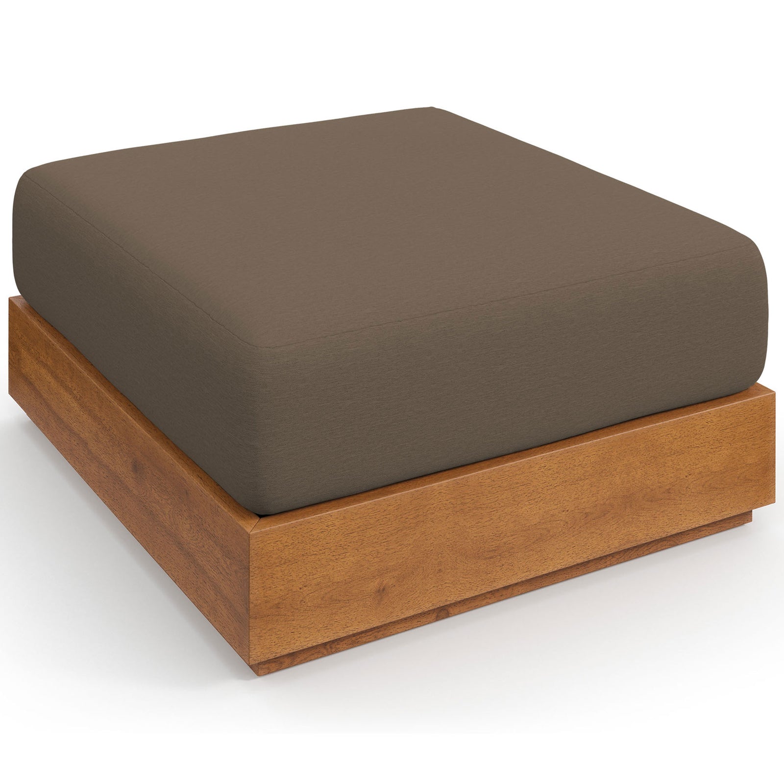 Contemporary cocoa cushioned ottoman pairs warm acacia base with generous seating space || EEI-6785-NAT-COA || front_angle_studio