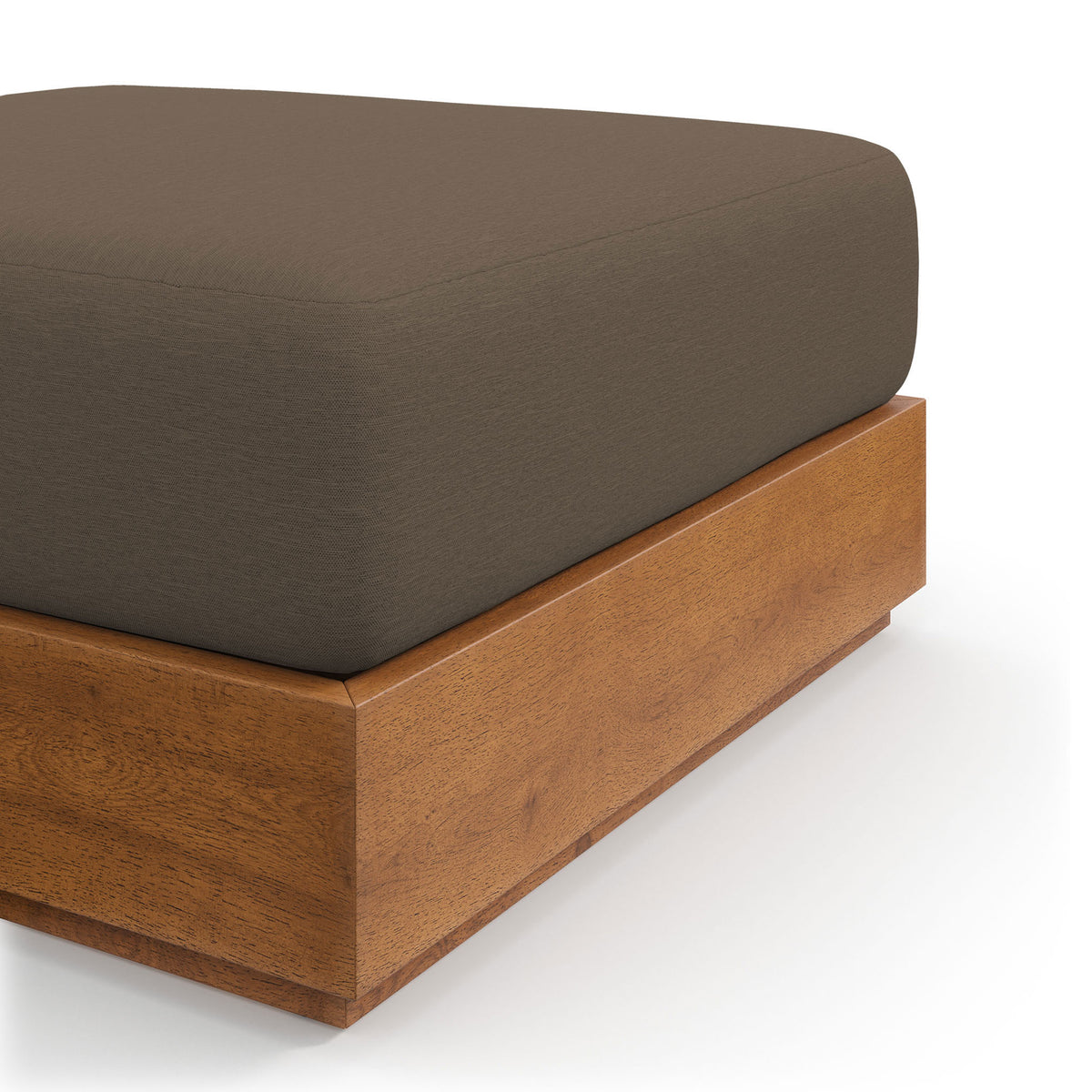 Cocoa performance cushion sits flush on smooth acacia frame for tailored outdoor comfort || EEI-6785-NAT-COA || detail_studio
