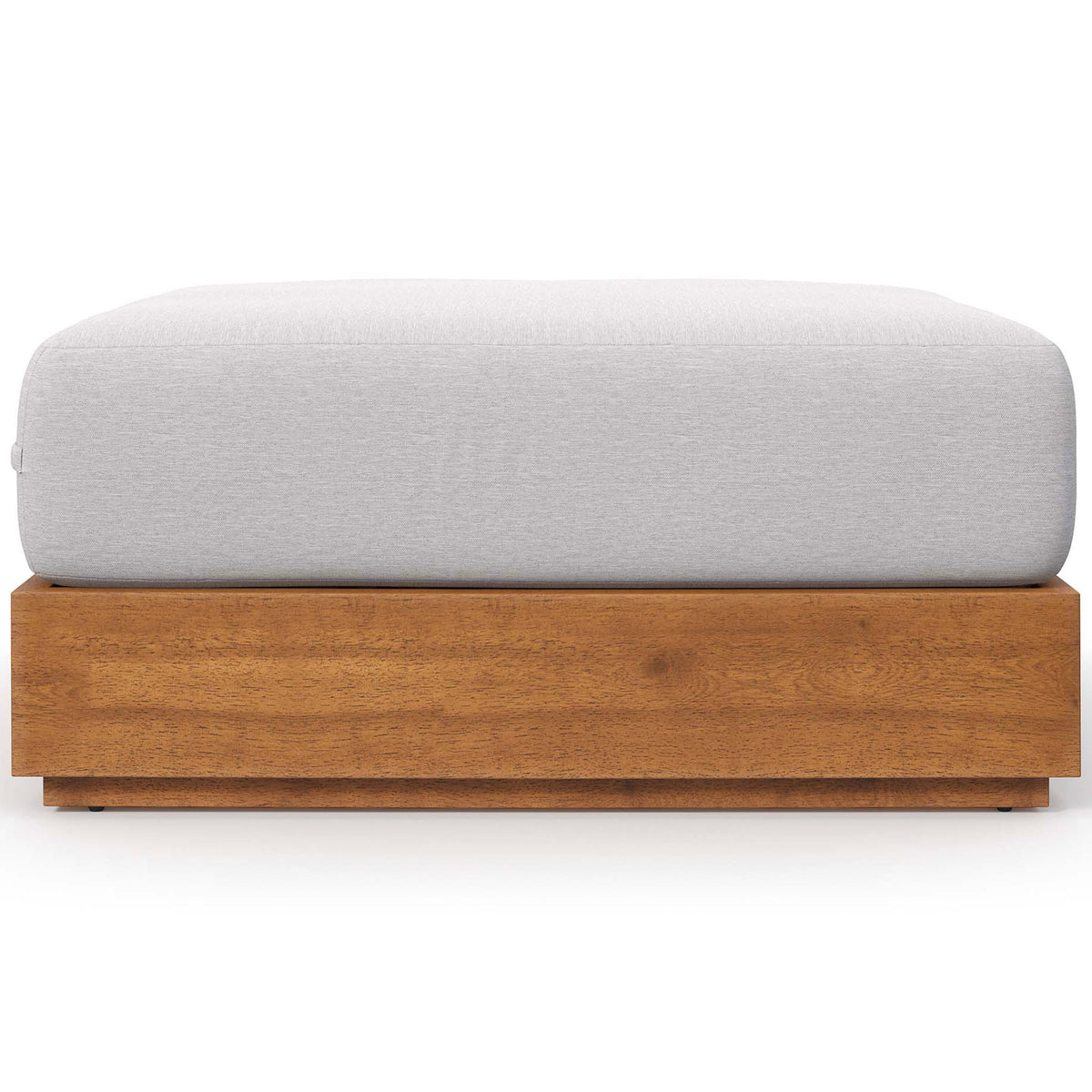 Tahoe acacia wood outdoor ottoman with light gray cushion and modern low-profile design || EEI-6785-NAT-LGR || front_studio