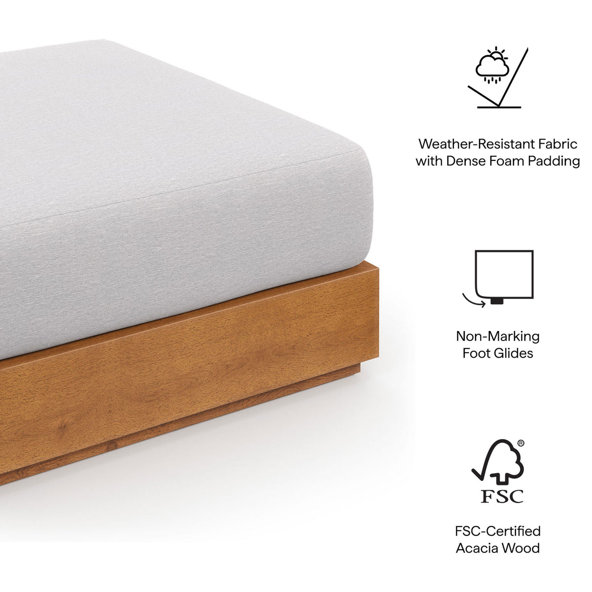 Feature graphic calling out weather-resistant cushion, non-marking glides, and FSC-certified acacia wood || EEI-6785-NAT-LGR || callout_studio