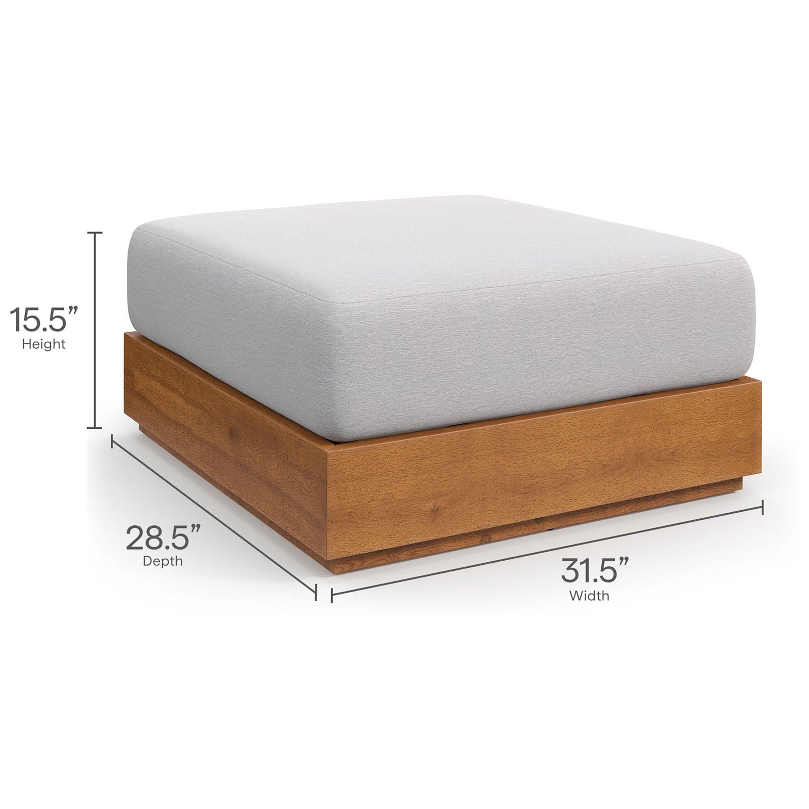 Measurement graphic for Tahoe light gray ottoman displaying its overall height, width, and depth || EEI-6785-NAT-LGR || dimension_studio