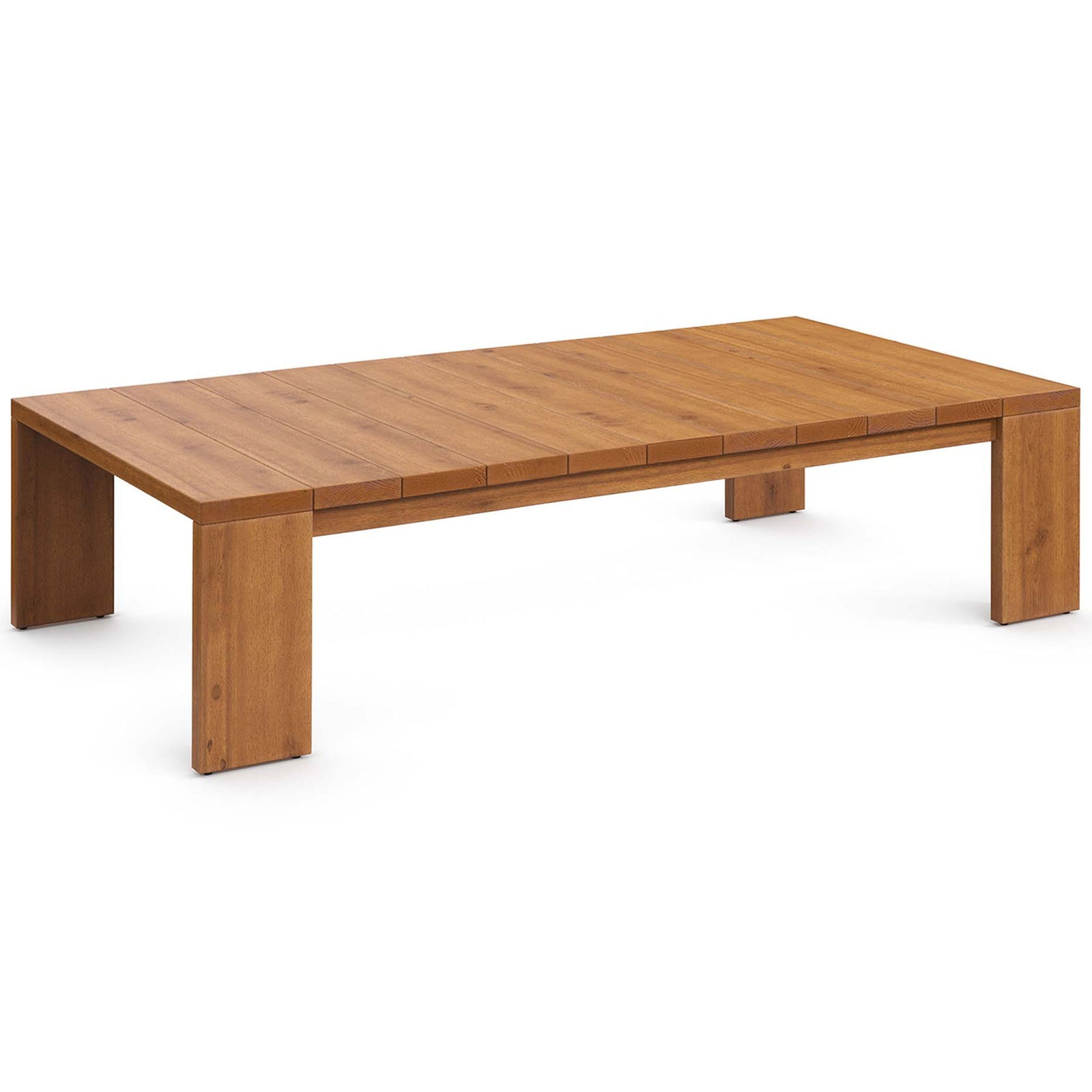 Natural acacia slat-top outdoor coffee table with wide block legs for a modern, low-profile patio look || EEI-6786-NAT || front_angle_studio