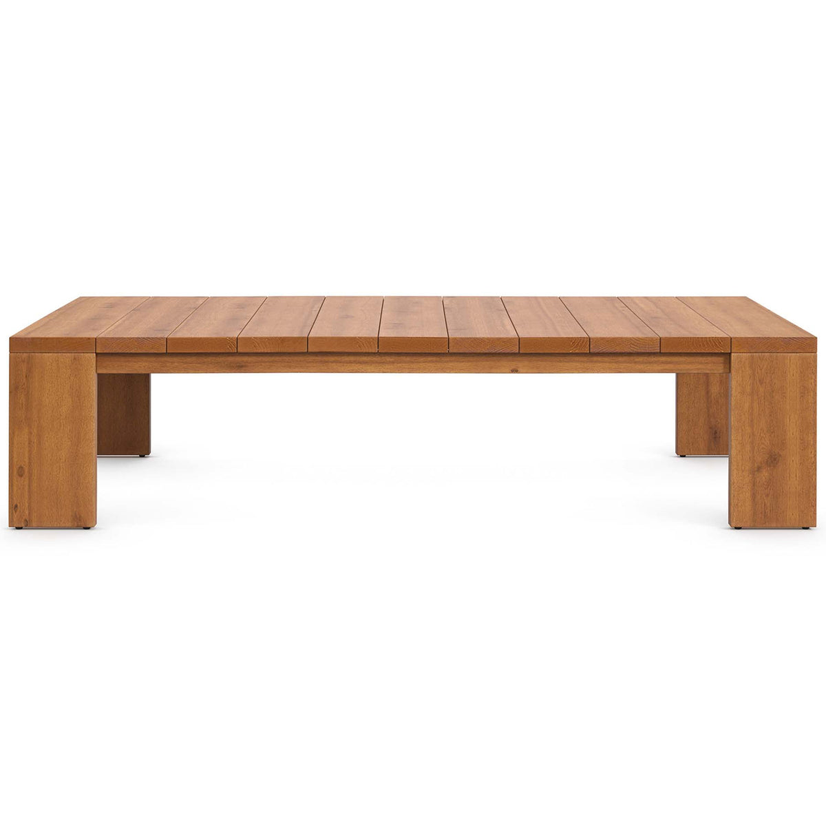Natural wood outdoor coffee table highlighting the wide slatted tabletop and sturdy frame || EEI-6786-NAT || front_studio