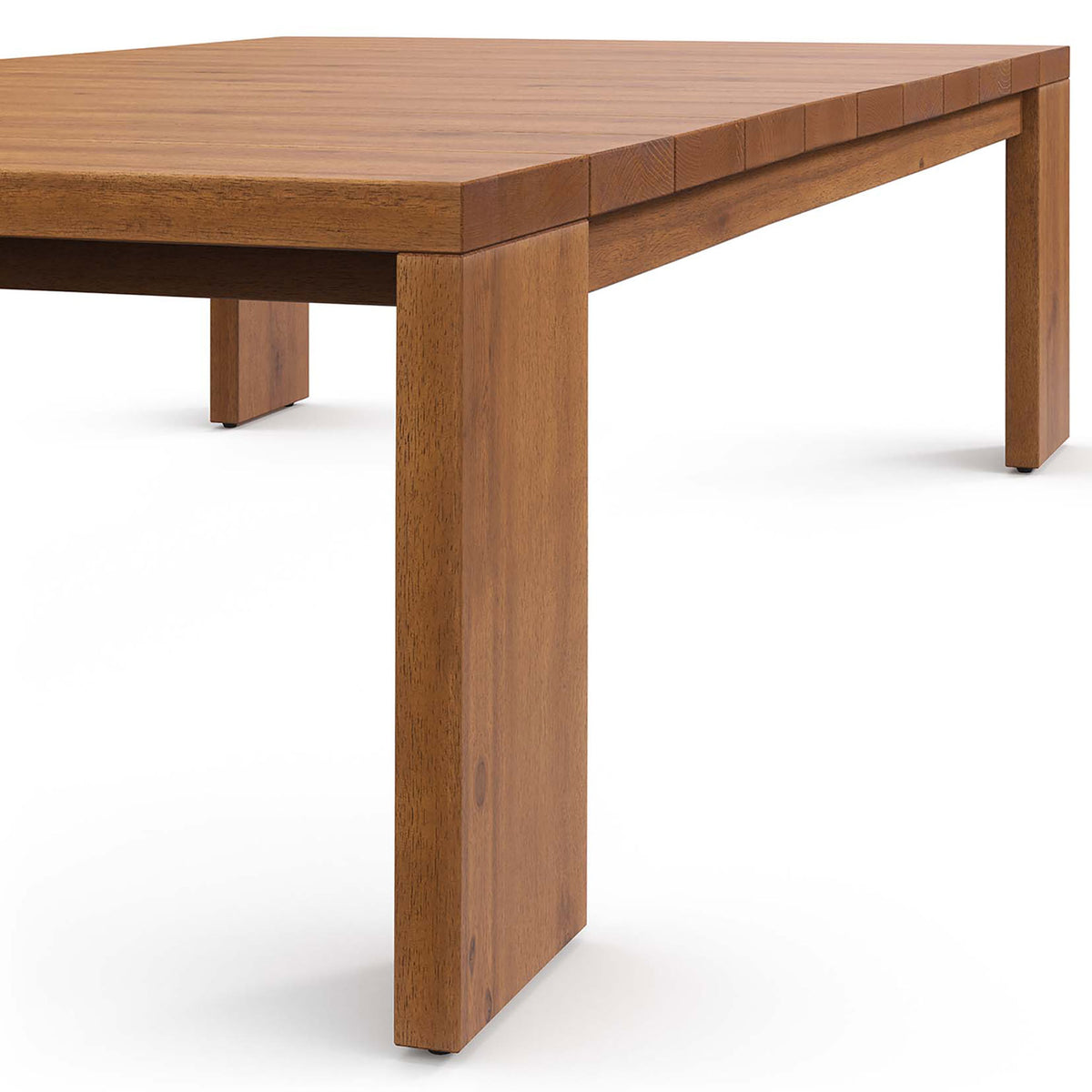 Close-up of the acacia coffee table corner showing rich grain and thick leg construction || EEI-6786-NAT || leg_studio