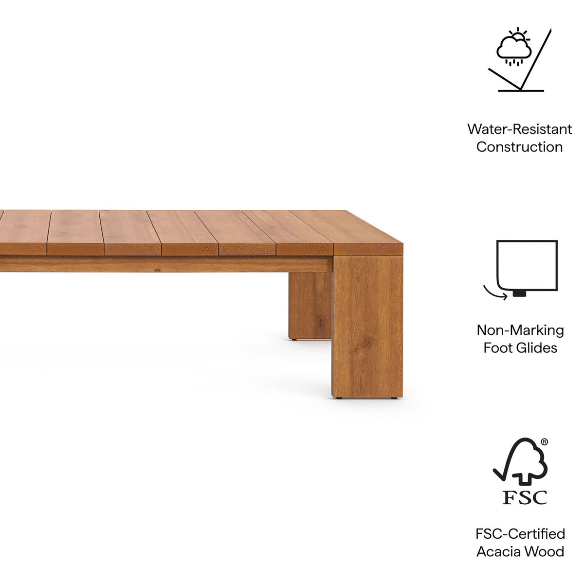 Acacia coffee table with icons calling out water resistance, non-marking glides, and FSC wood || EEI-6786-NAT || callout_studio