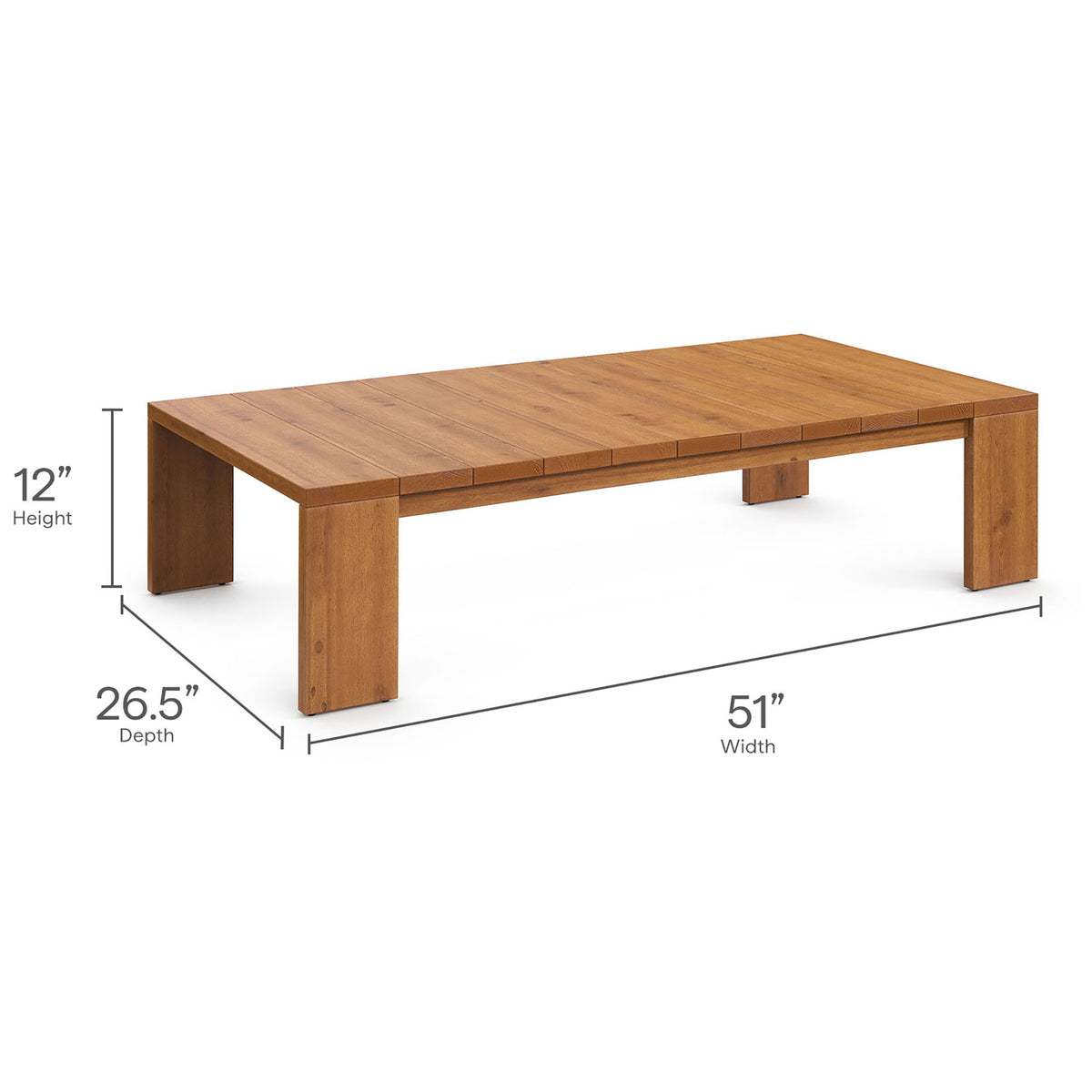 Dimension diagram of the Tahoe acacia coffee table showing overall width, depth, and height || EEI-6786-NAT || dimension_studio