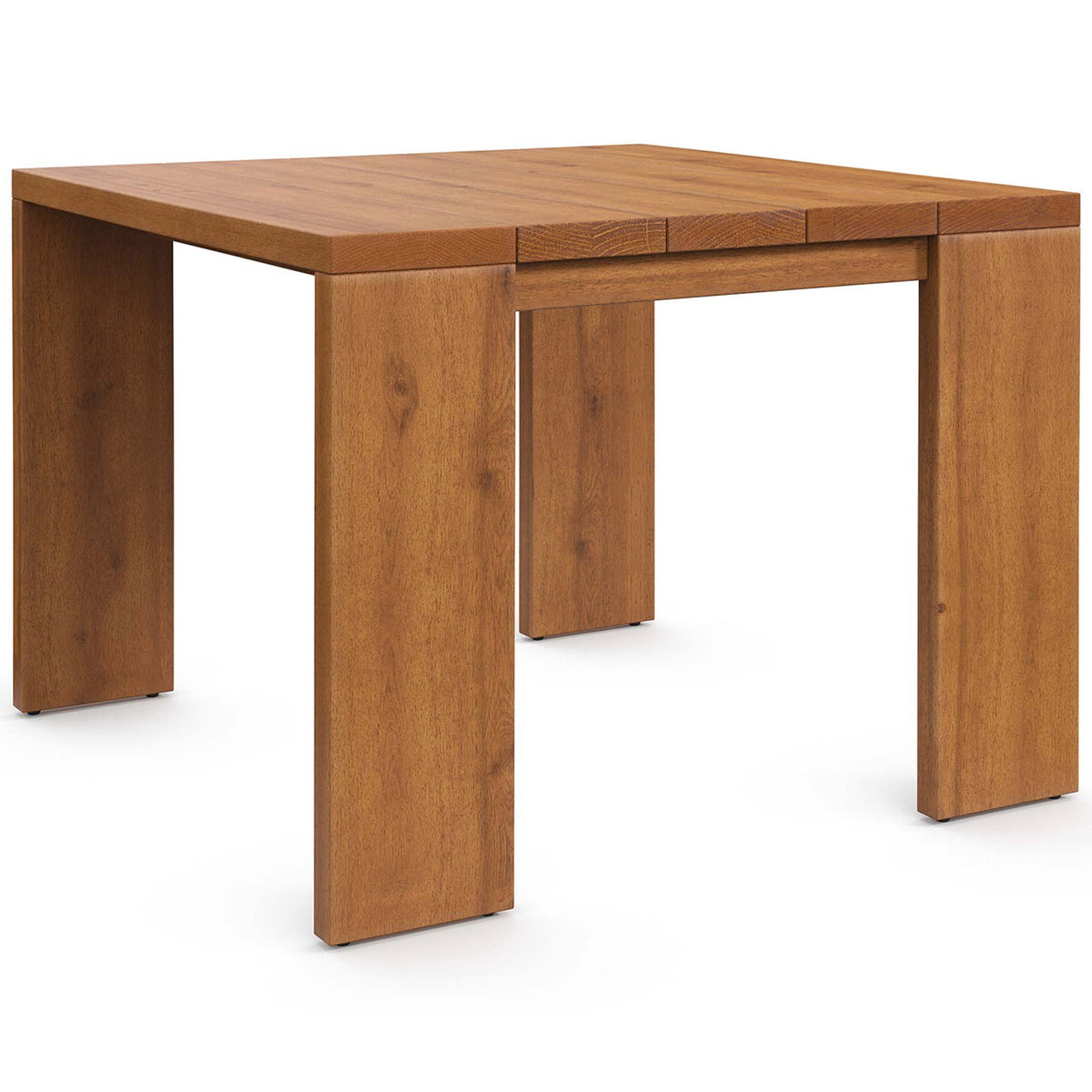 Modern natural acacia patio side table featuring thick block legs and clean slatted tabletop. || EEI-6787-NAT || front_angle_studio
