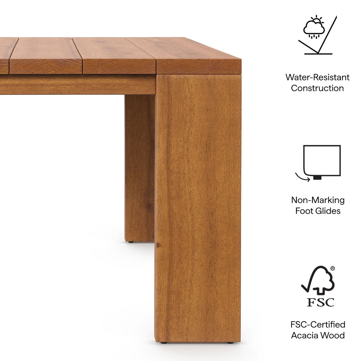 Feature graphic highlighting water resistant construction, non marking foot glides, and FSC certified acacia wood. || EEI-6787-NAT || callout_studio