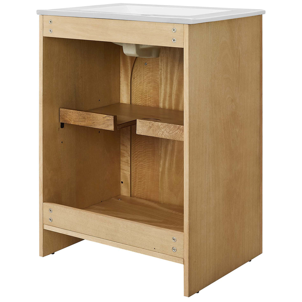 Open back with adjustable shelf and plumbing cutout simplifies installation and storage || EEI-6788-OAK-WHI || back_studio