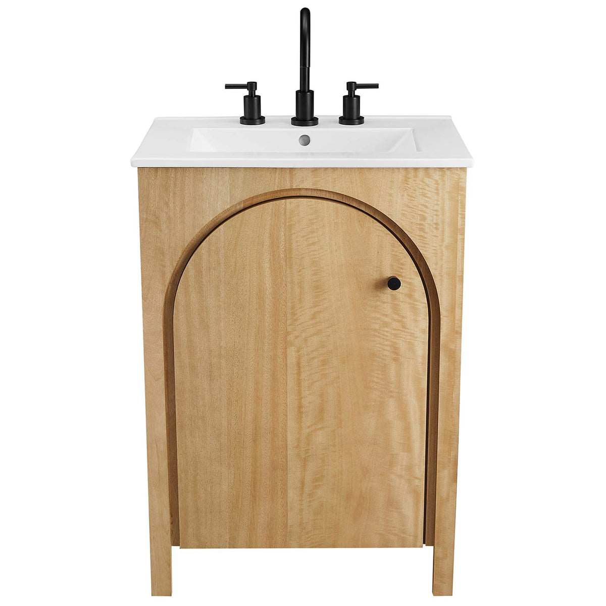 Clean-lined vanity pairs a crisp white sink with a curved oak facade for timeless appeal || EEI-6788-OAK-WHI || front_studio