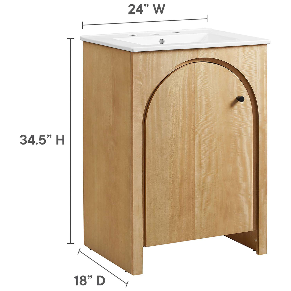 Sized for small bathrooms: 24 in. W x 18 in. D x 34.5 in. H || EEI-6788-OAK-WHI || dimension_studio