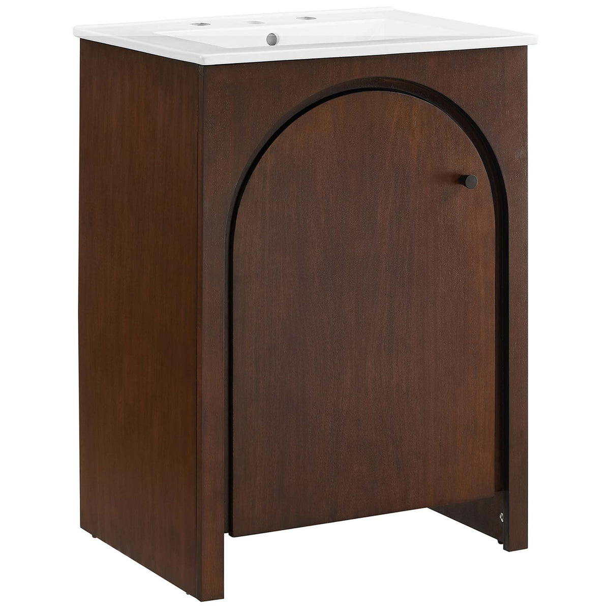 Retro-inspired walnut vanity with arched door and integrated white ceramic sink || EEI-6788-WAL-WHI || front_angle_studio