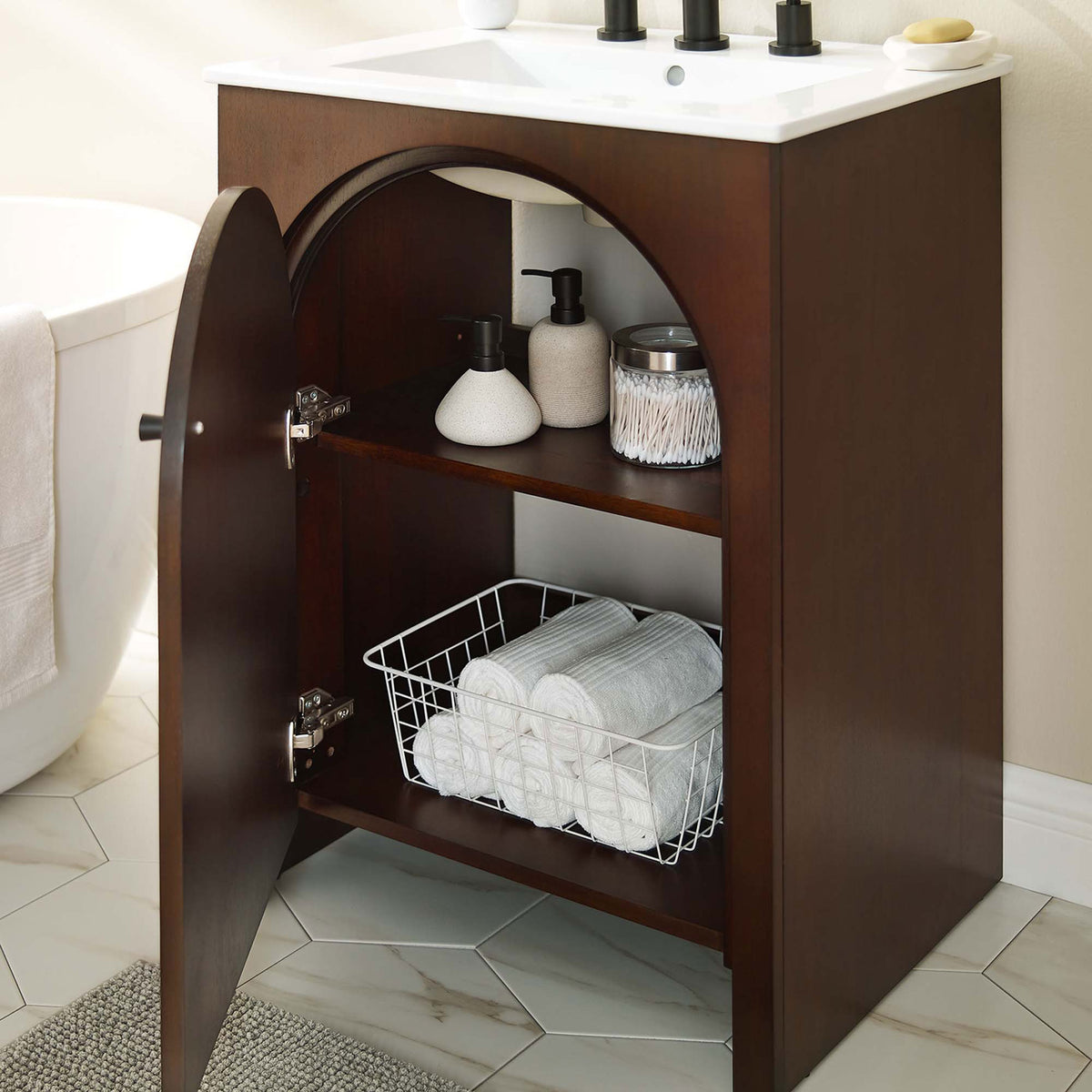 Door opens to reveal organized storage with adjustable shelf and plumbing clearance || EEI-6788-WAL-WHI || front_open_room