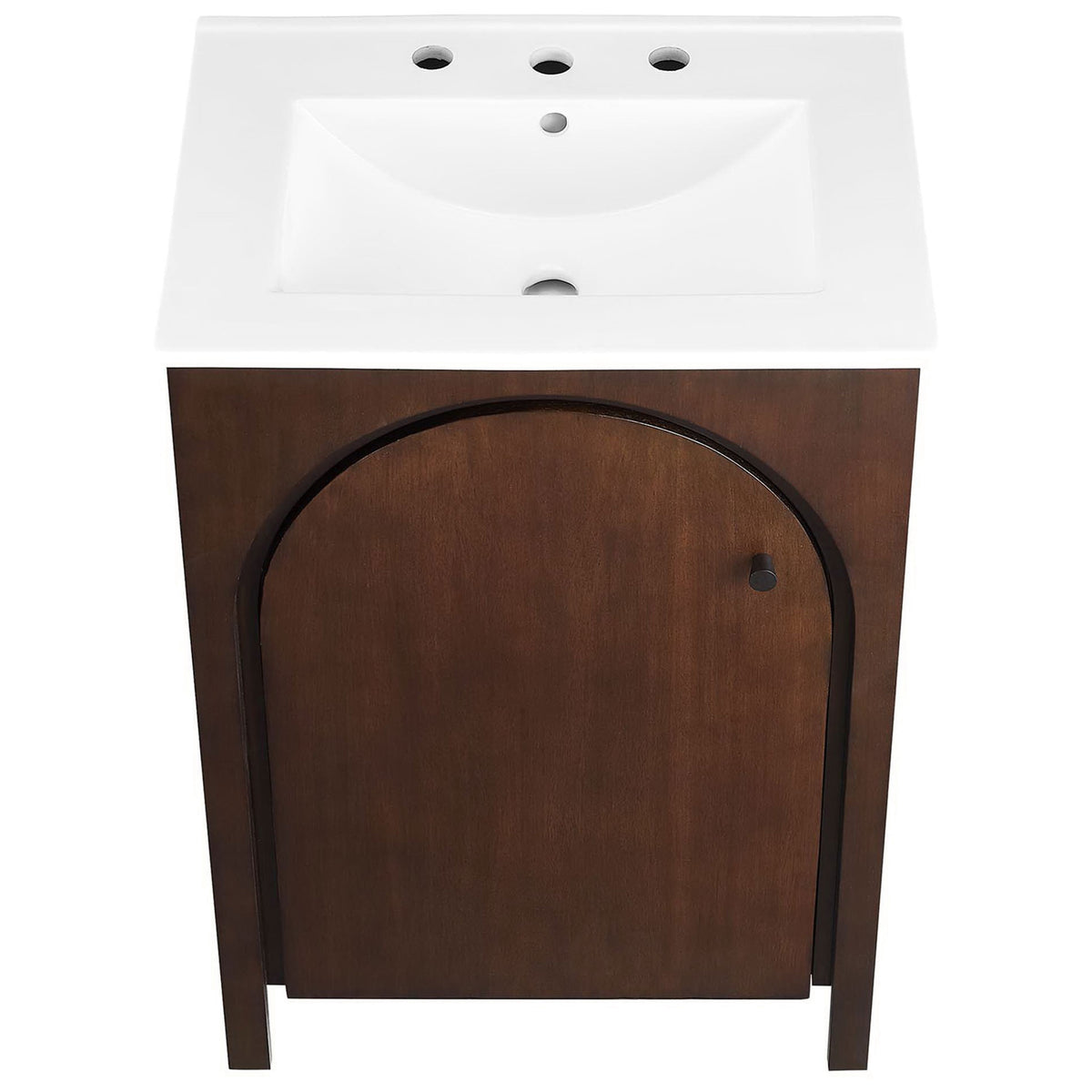 Rectangular basin with 8 inch widespread holes crowns the arched door vanity || EEI-6788-WAL-WHI || top_studio