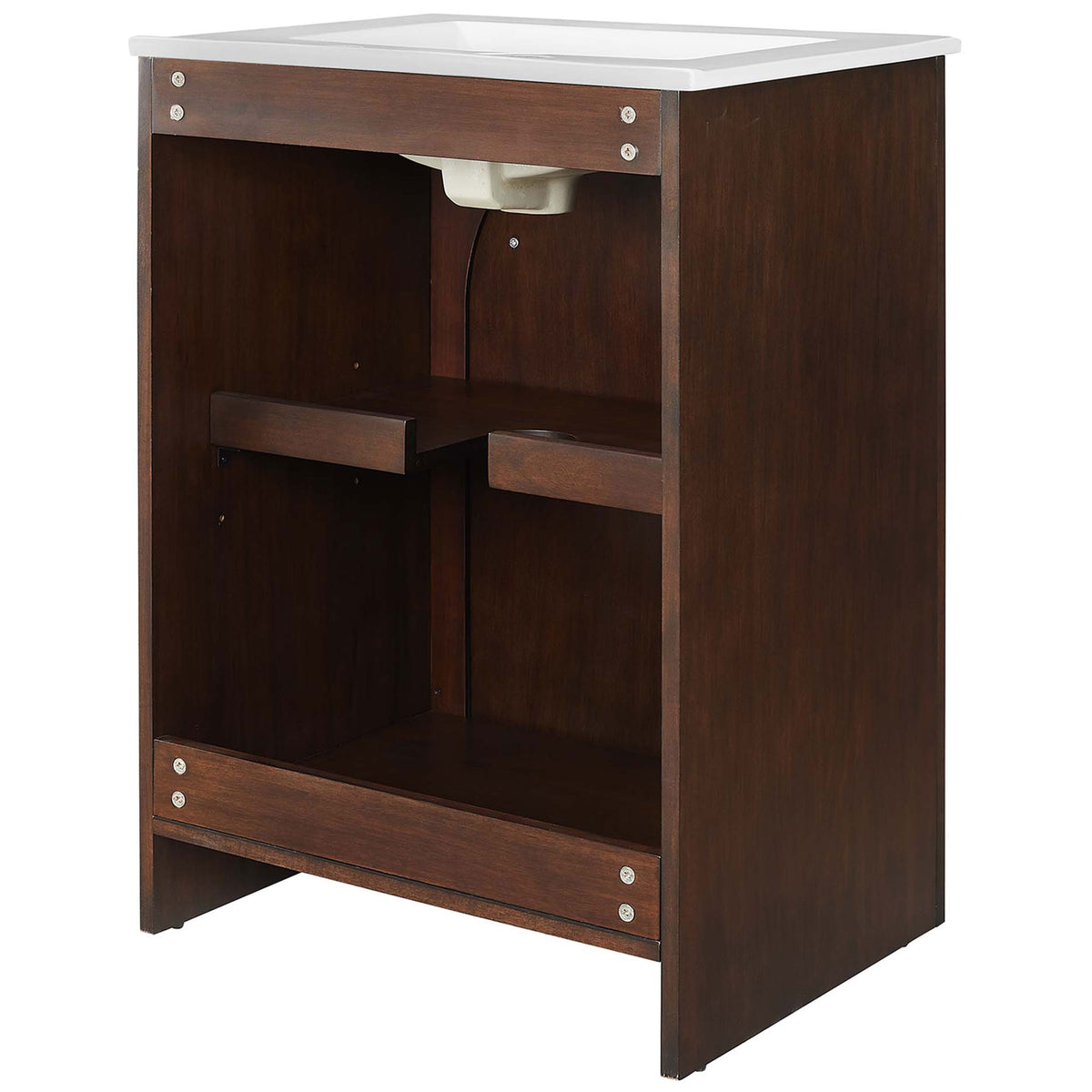 Open back with adjustable shelf and plumbing cut-out simplifies installation || EEI-6788-WAL-WHI || back_studio