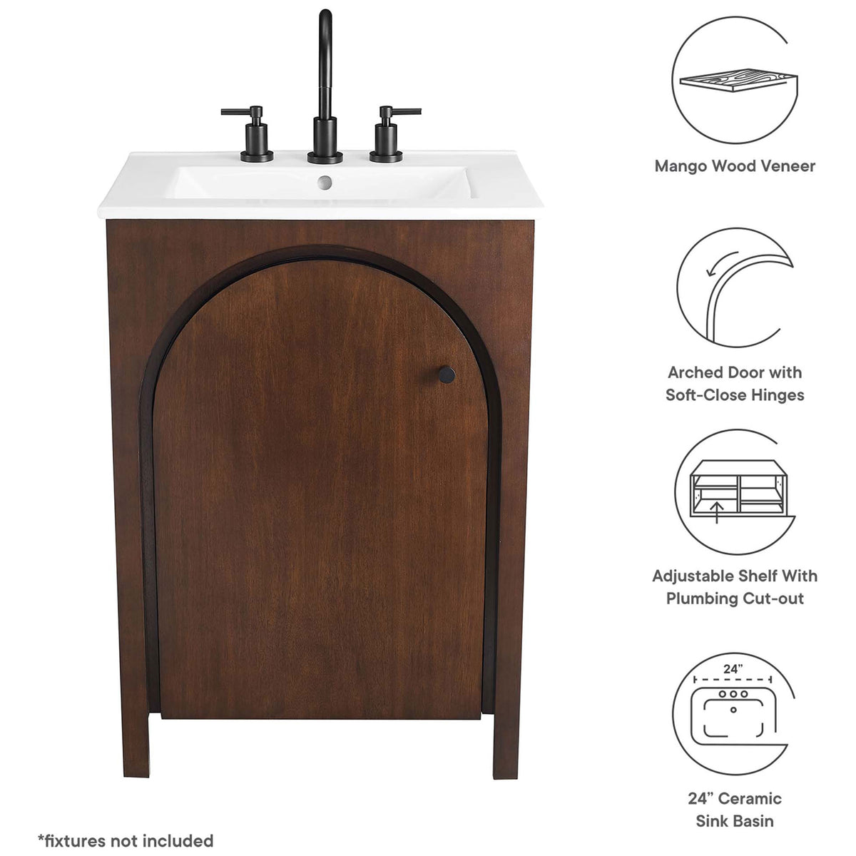 Feature highlights: mango wood veneer, soft-close hinges, plumbing-ready shelf, 24 inch sink || EEI-6788-WAL-WHI || callout_studio