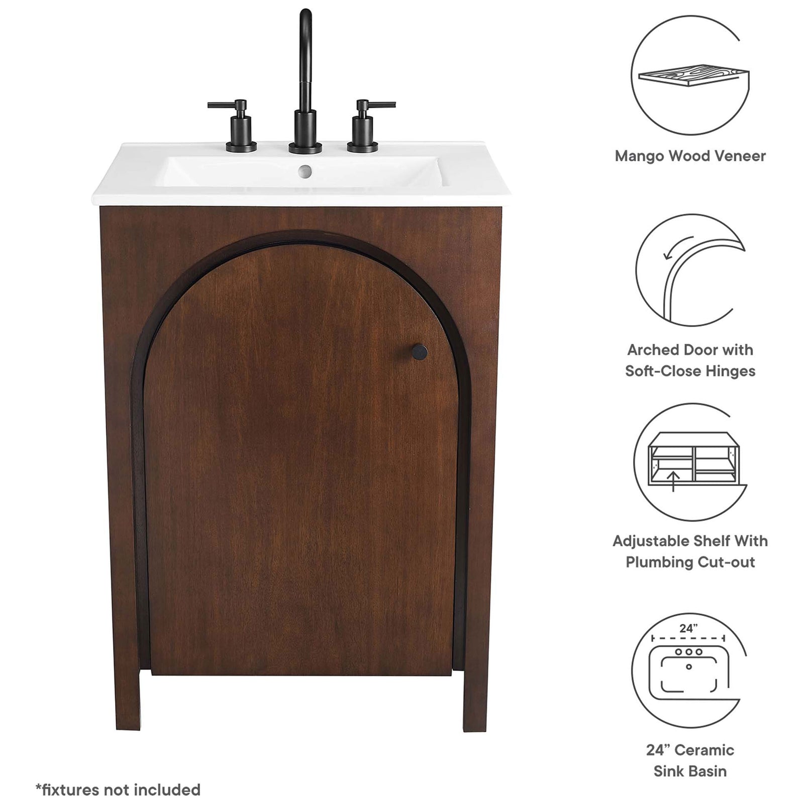 Feature highlights: mango wood veneer, soft-close hinges, plumbing-ready shelf, 24 inch sink || EEI-6788-WAL-WHI || callout_studio