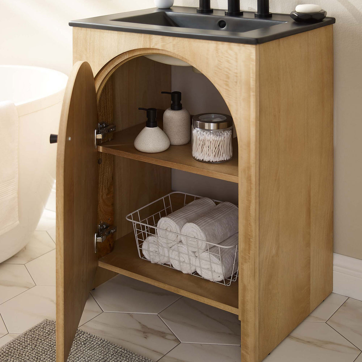 Door opens to reveal a roomy shelf for towels and everyday essentials. || EEI-6789-OAK-BLK || front_angle_open_room
