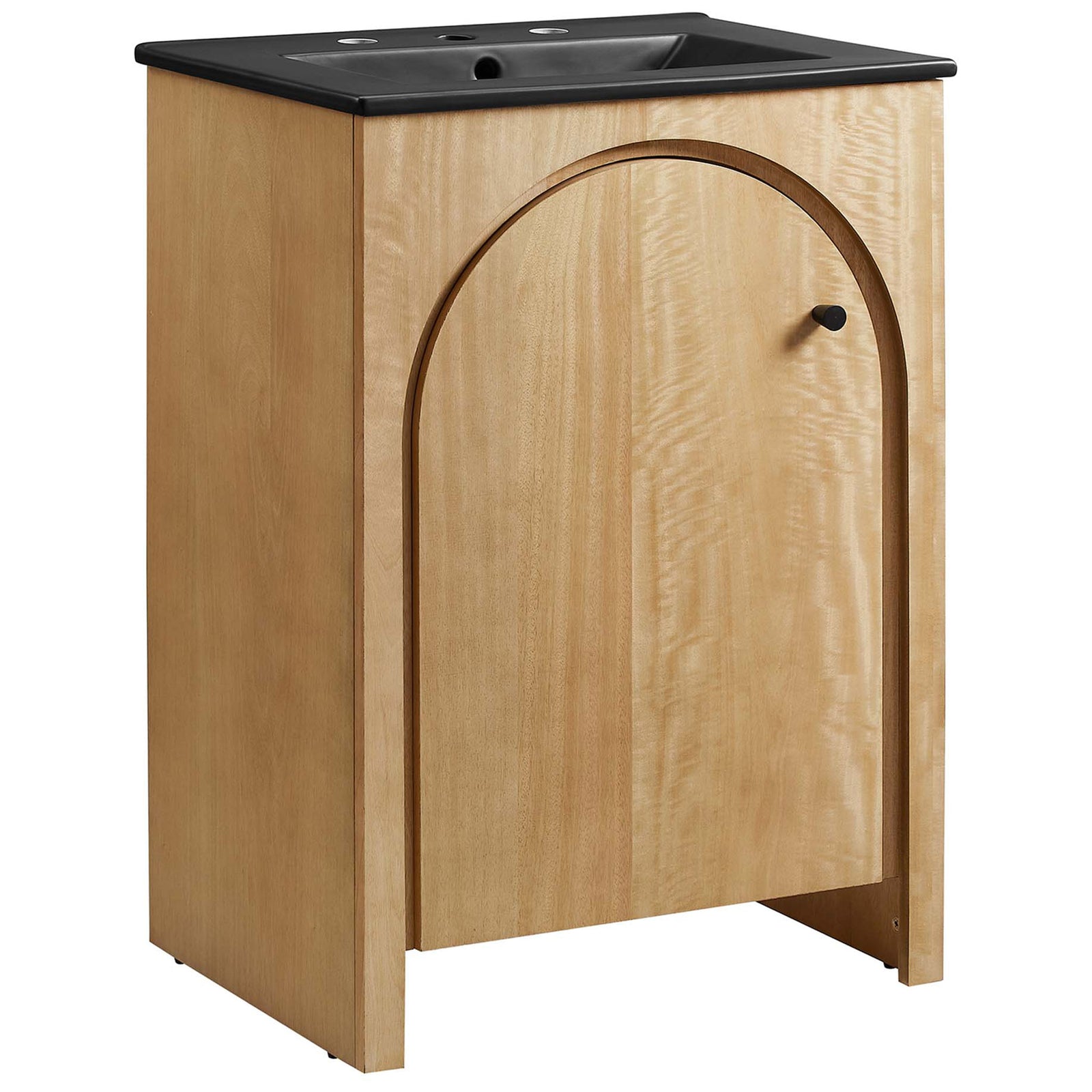 Arched-door vanity in warm oak with a matte black ceramic sink for a bold, modern contrast. || EEI-6789-OAK-BLK || front_angle_studio