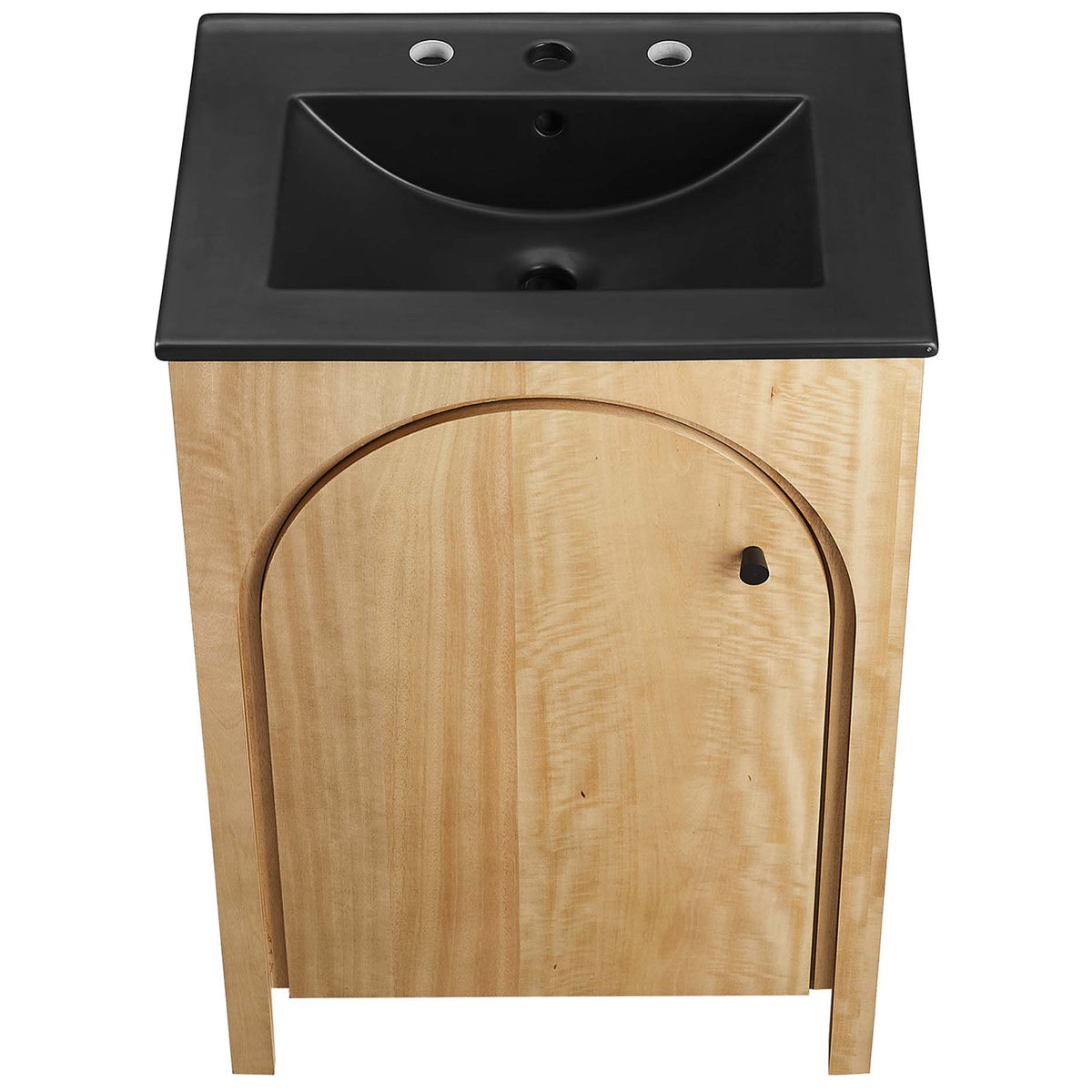 Matte black sink with a deep basin and three-hole faucet deck. || EEI-6789-OAK-BLK || top_studio