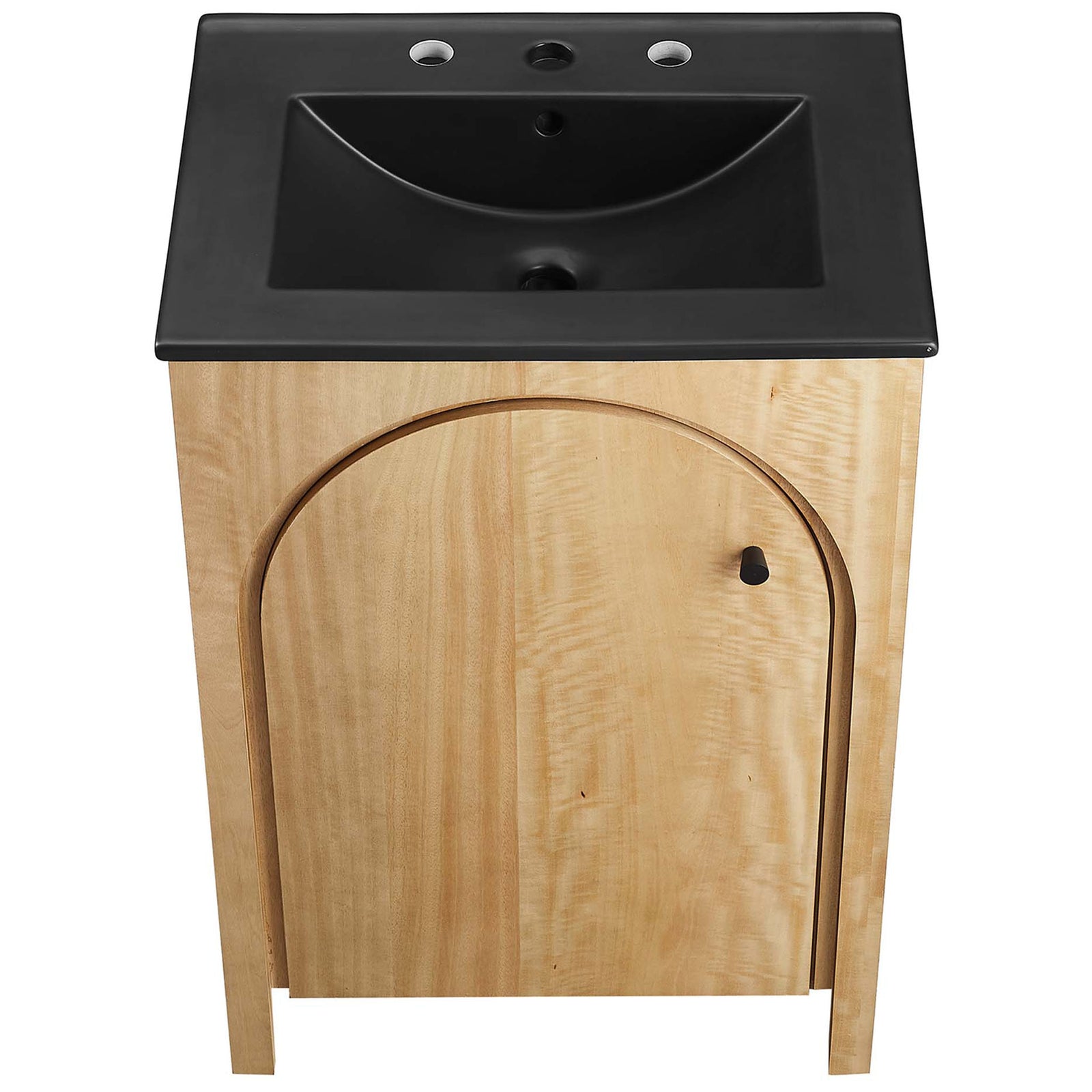 Matte black sink with a deep basin and three-hole faucet deck. || EEI-6789-OAK-BLK || top_studio