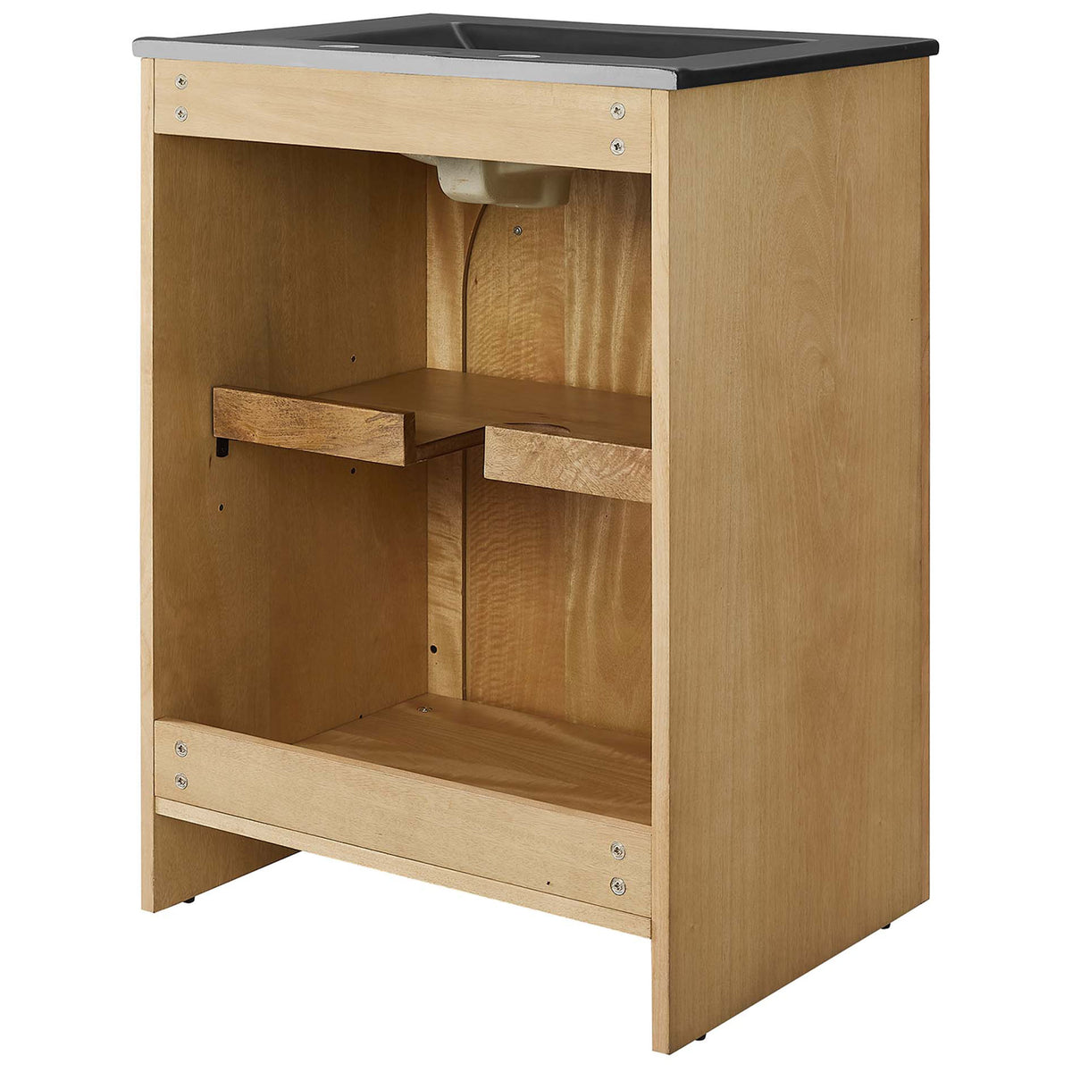 Open back with adjustable shelf simplifies plumbing access and organized storage. || EEI-6789-OAK-BLK || back_studio