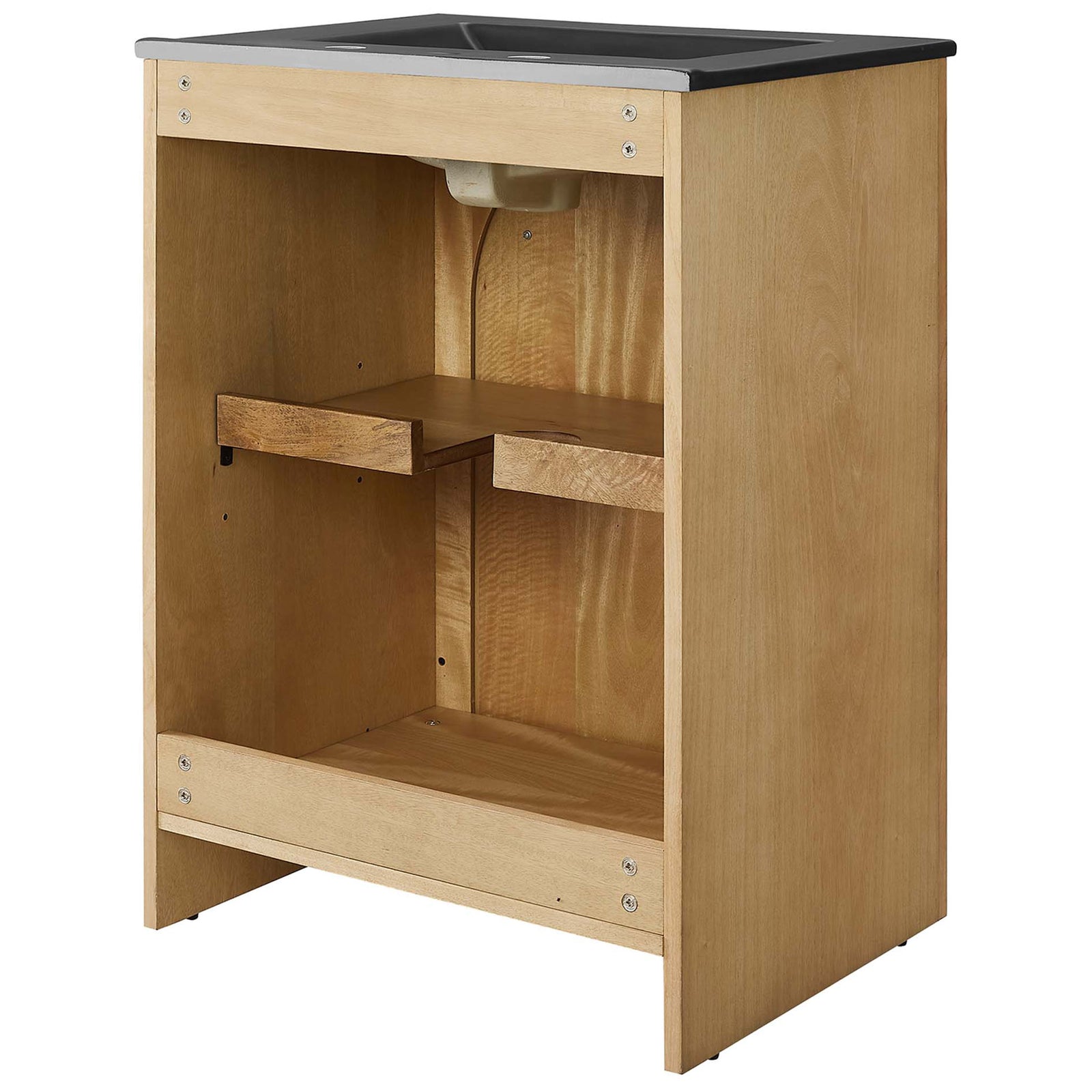 Open back with adjustable shelf simplifies plumbing access and organized storage. || EEI-6789-OAK-BLK || back_studio