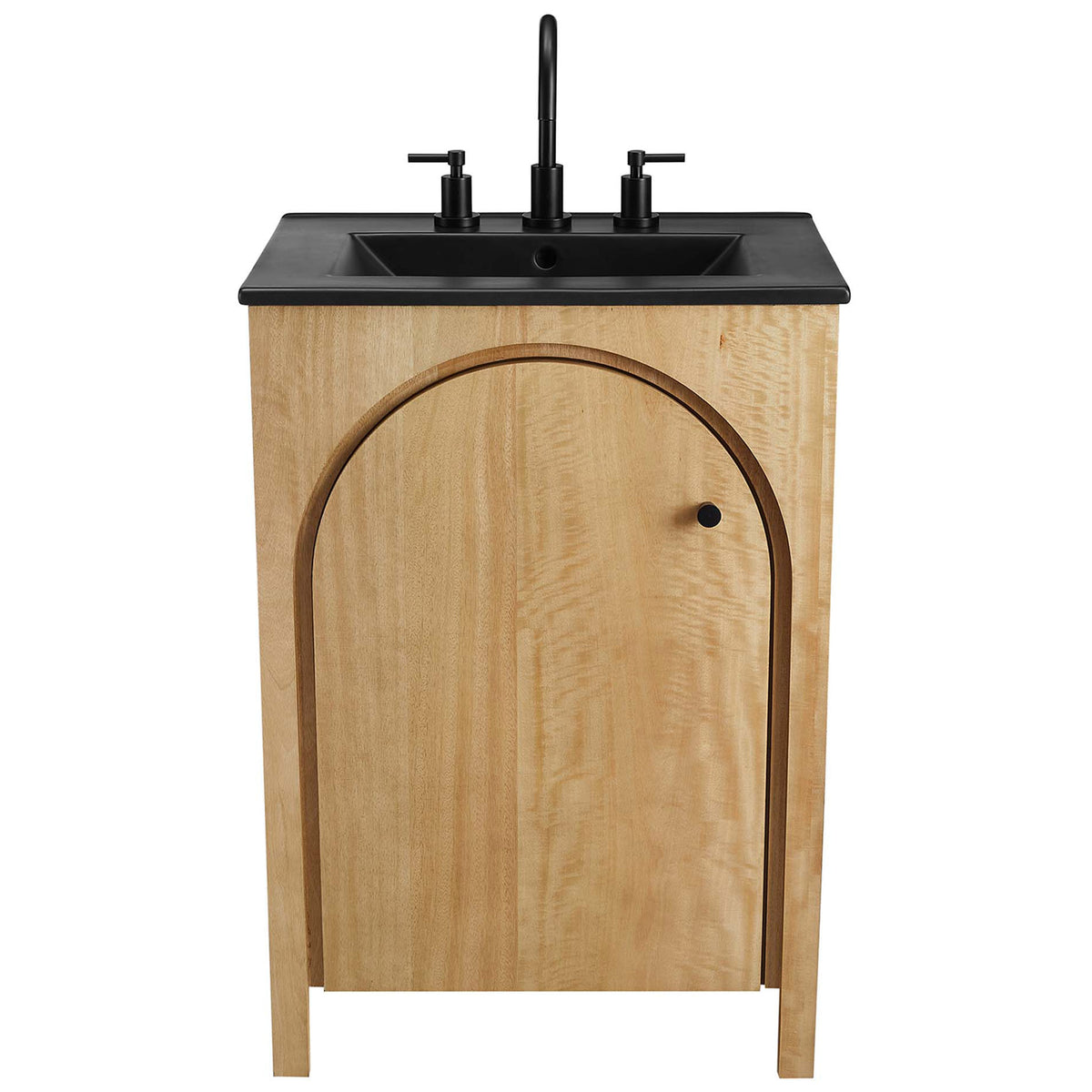 Sleek arched door and black ceramic sink create a striking, contemporary focal point. || EEI-6789-OAK-BLK || front_studio